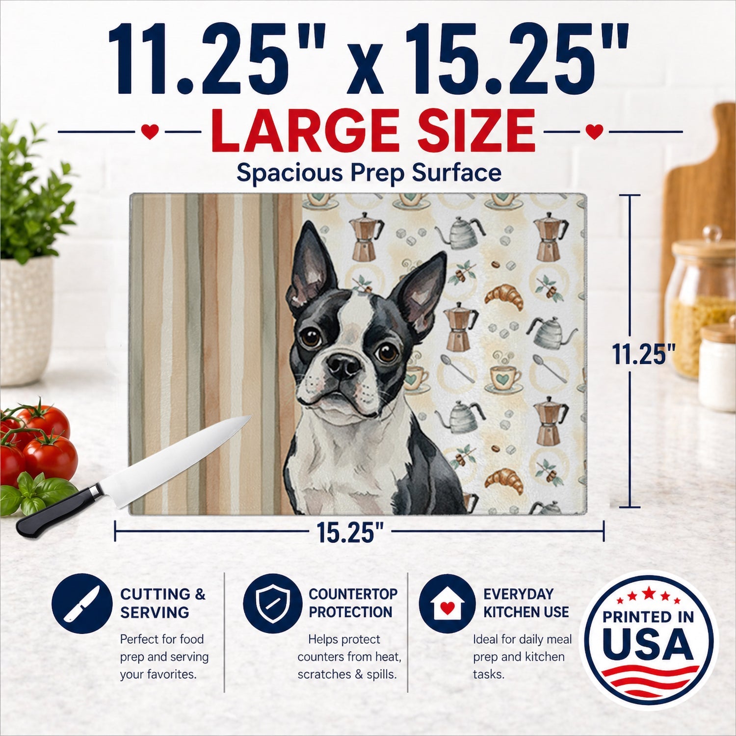 Boston Terrier Coffee Bar Cutting Board Tempered Glass Kitchen Cutting Surface, Heat Resistant Chopping, Non-Slip Feet, Food Prep & Serving