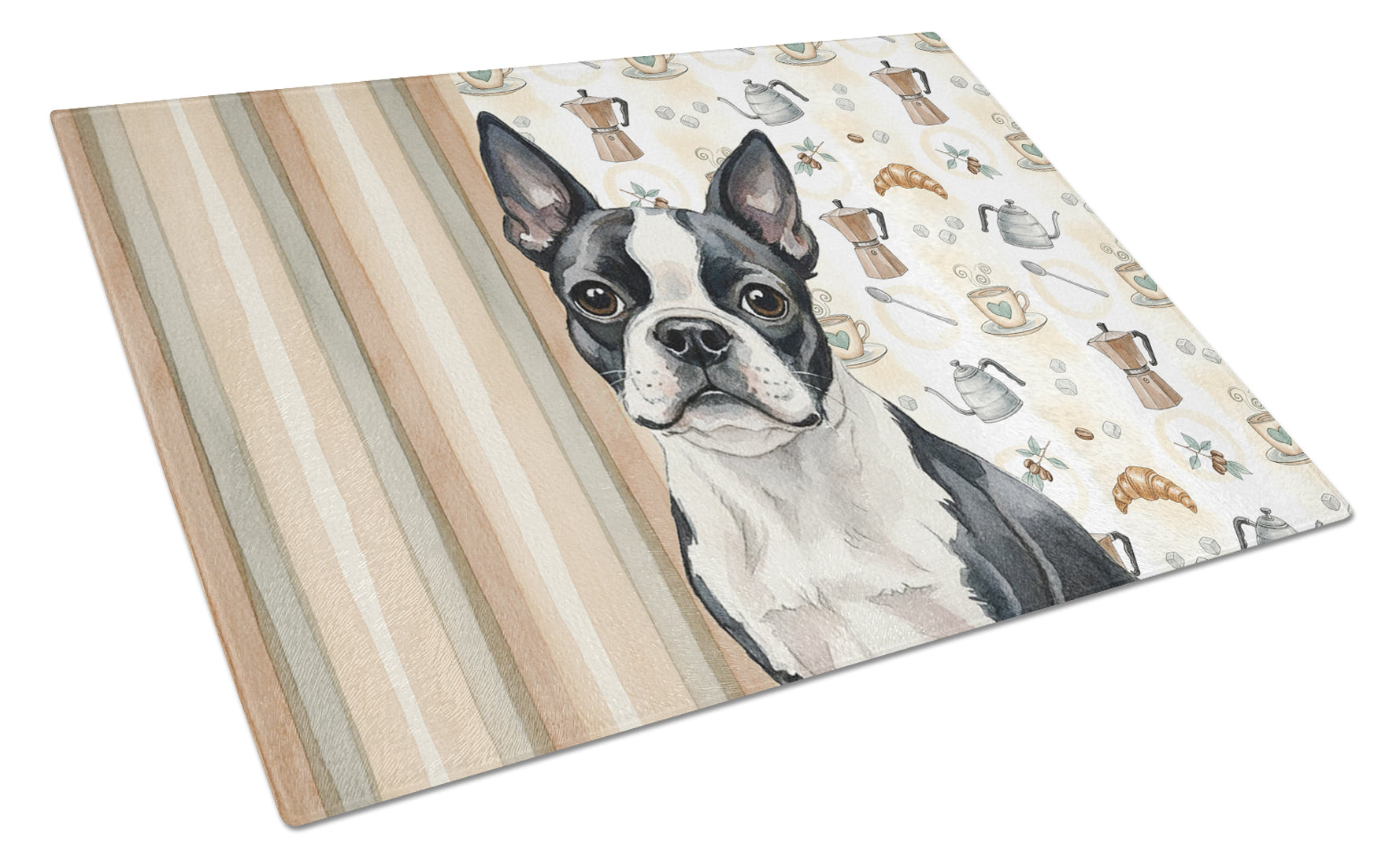 Boston Terrier Coffee Bar Cutting Board Tempered Glass Kitchen Cutting Surface, Heat Resistant Chopping, Non-Slip Feet, Food Prep & Serving