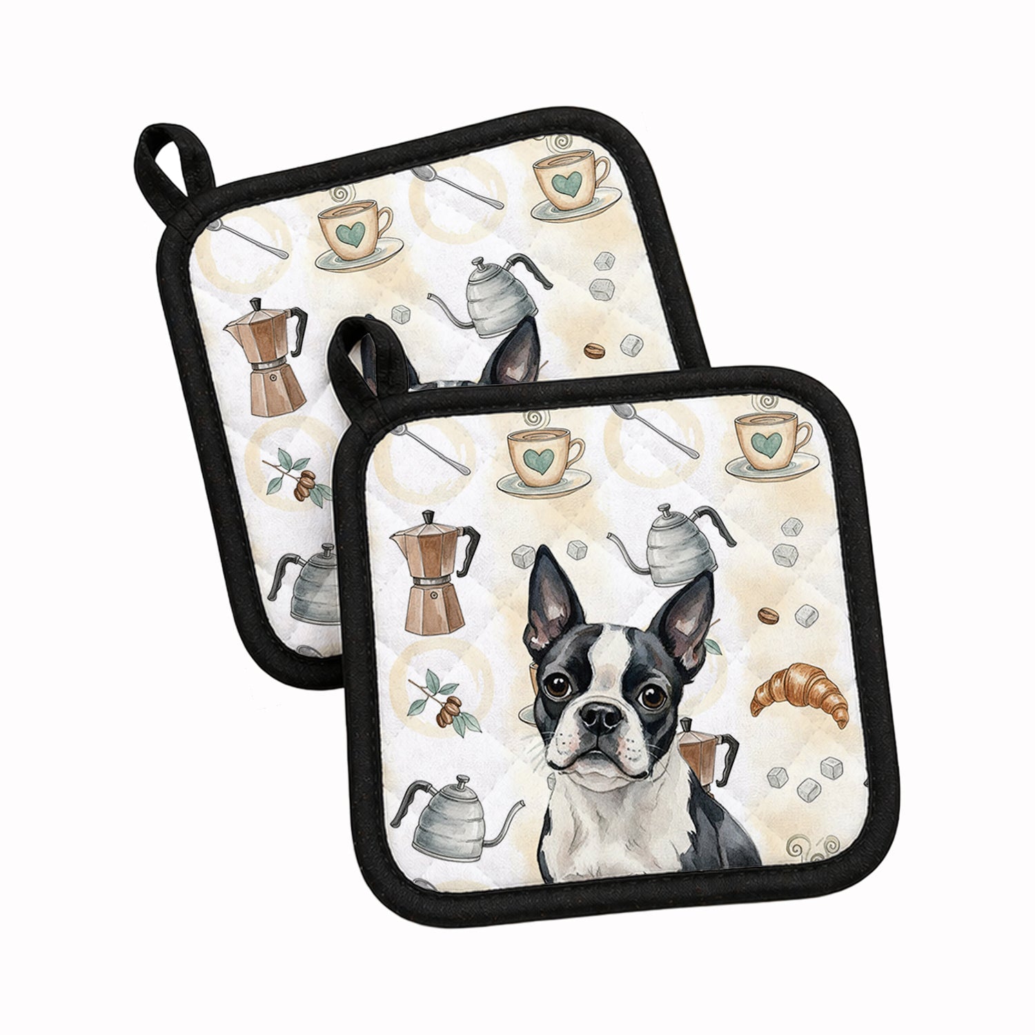 Boston Terrier Coffee Bar Pot Holder Set of 2 Heat Resistant Quilted Hot Pads 7.5 x 7.5 Inch, Insulated Kitchen Trivets for Cooking & Baking