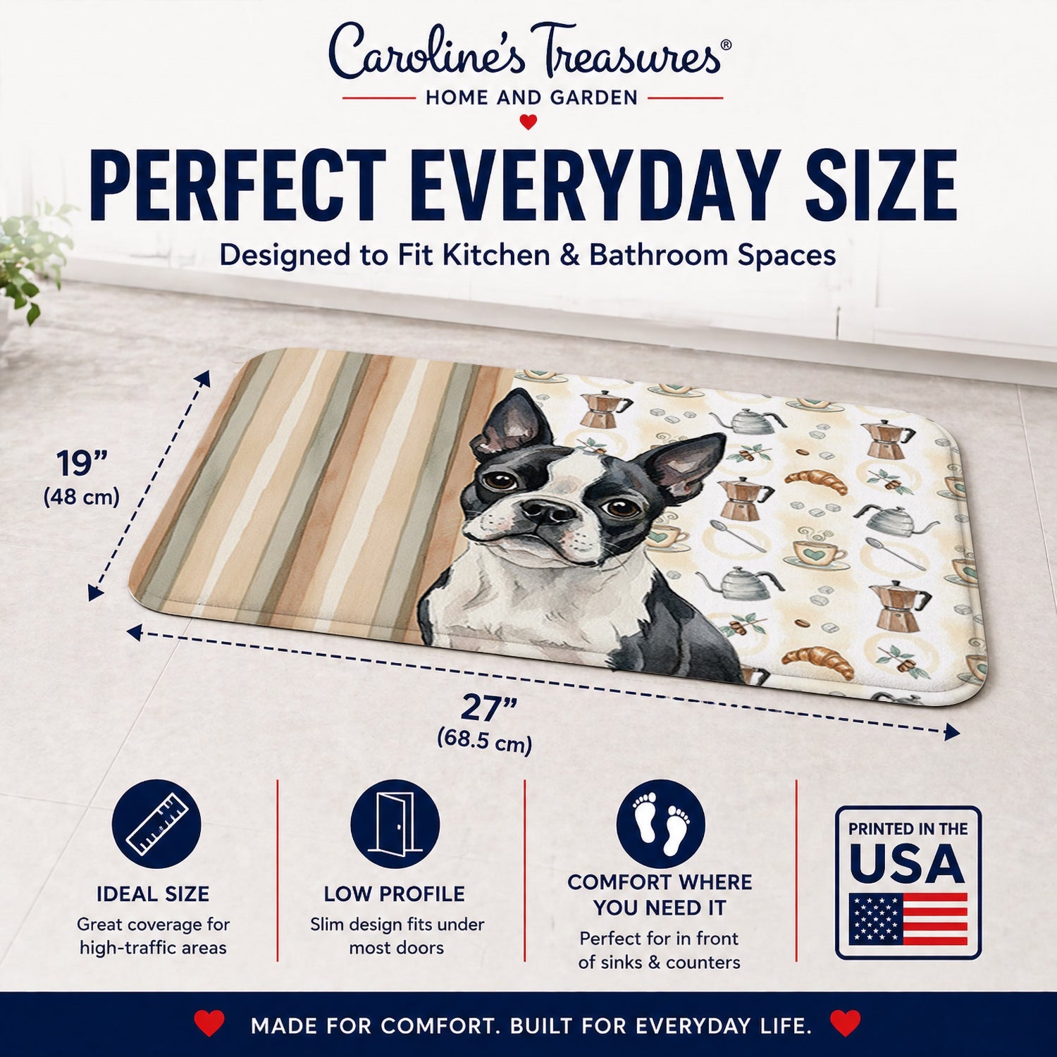 Boston Terrier Coffee Bar Memory Foam Kitchen Mat Machine Washable Anti-Fatigue Cushion Comfort Bath or Kitchen Rug