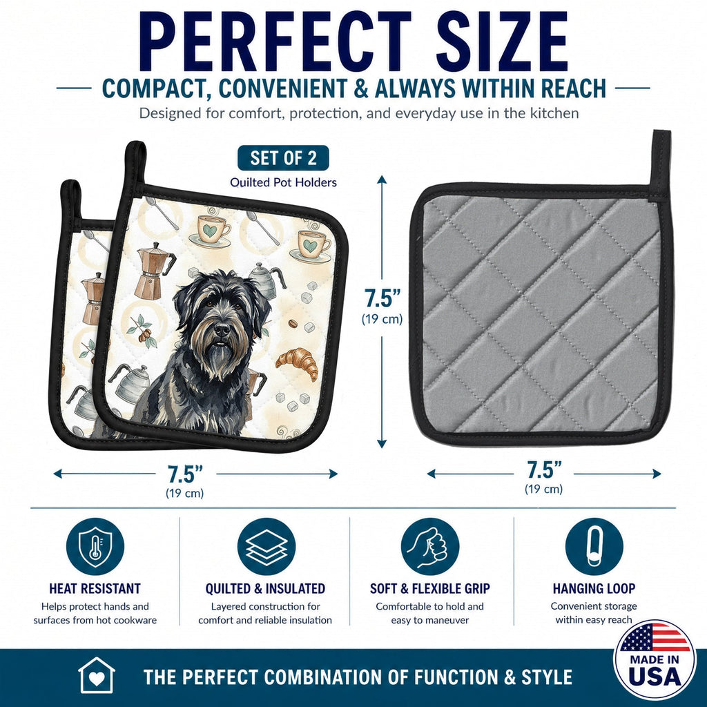 Bouvier des Flandres Coffee Bar Pot Holder Set of 2 Heat Resistant Quilted Hot Pads 7.5 x 7.5 Inch, Insulated Kitchen Trivets for Cooking & Baking