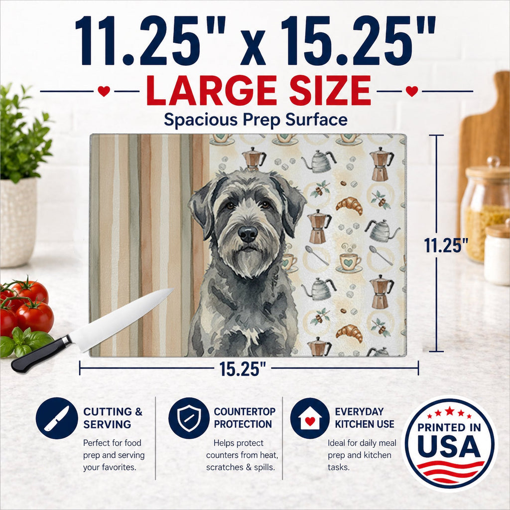 Gray Bouvier des Flandres Coffee Bar Cutting Board Tempered Glass Kitchen Cutting Surface, Heat Resistant Chopping, Non-Slip Feet, Food Prep & Serving