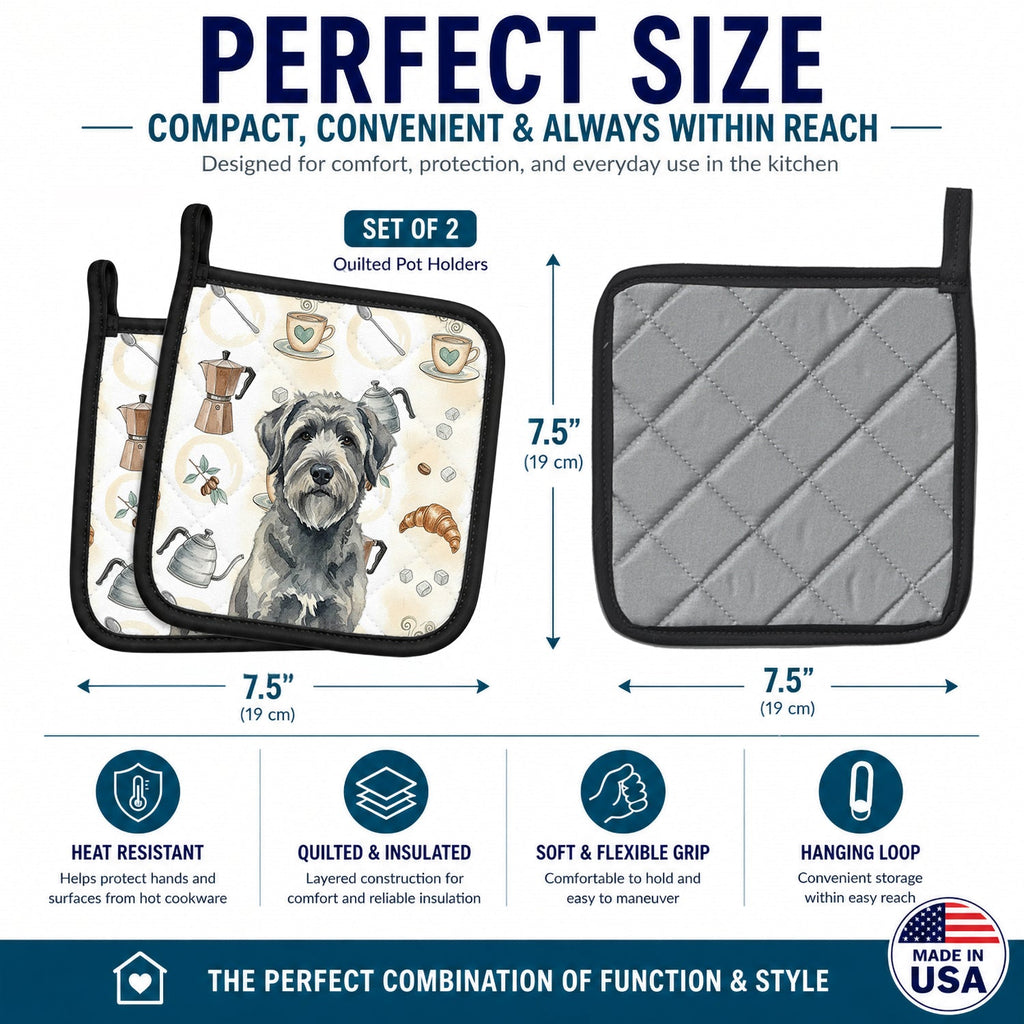 Gray Bouvier des Flandres Coffee Bar Pot Holder Set of 2 Heat Resistant Quilted Hot Pads 7.5 x 7.5 Inch, Insulated Kitchen Trivets for Cooking & Baking