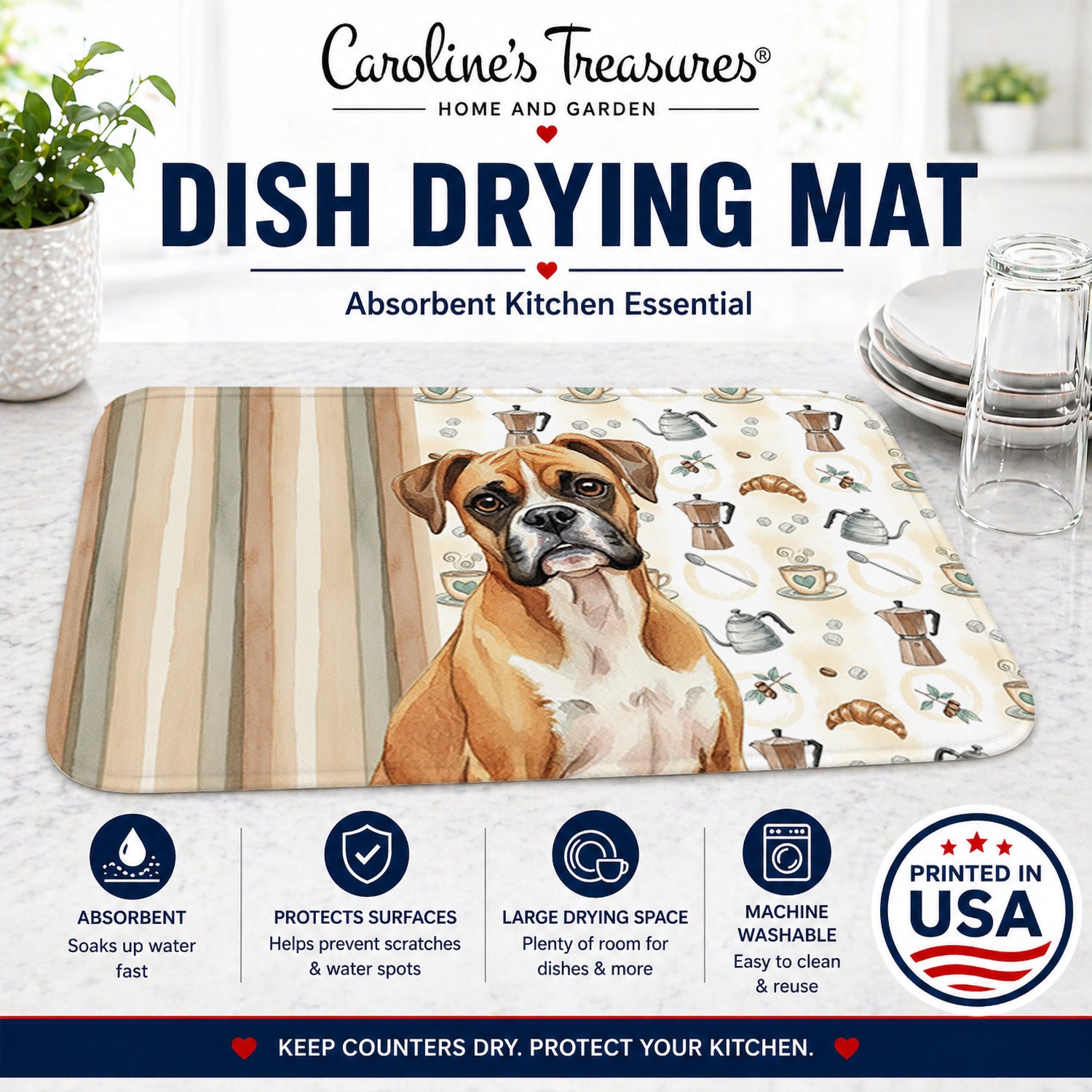Boxer Coffee Bar Dish Drying Mat Absorbent Dish Drying Mat Pad for Kitchen Counter Dish Drainer Mat for Countertop, 14 x 21", Multicolor