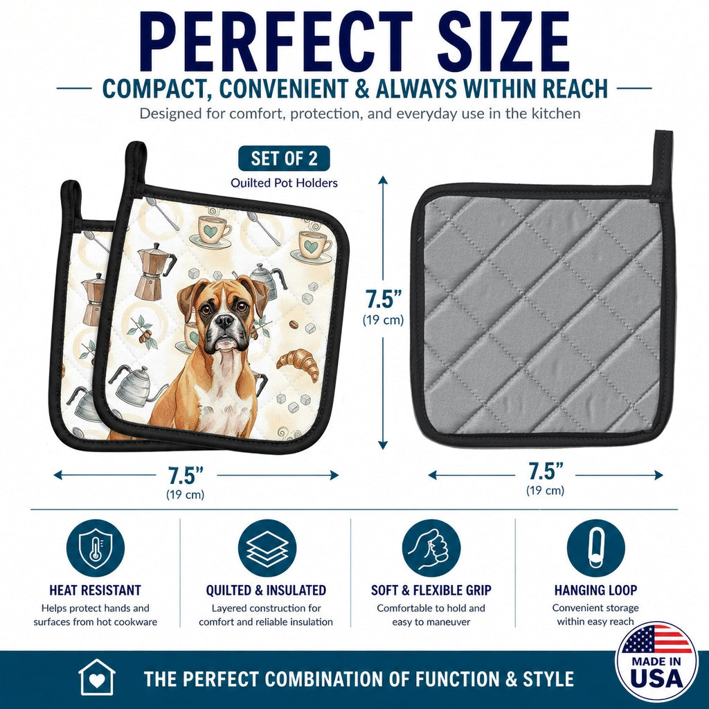 Boxer Coffee Bar Pot Holder Set of 2 Heat Resistant Quilted Hot Pads 7.5 x 7.5 Inch, Insulated Kitchen Trivets for Cooking & Baking
