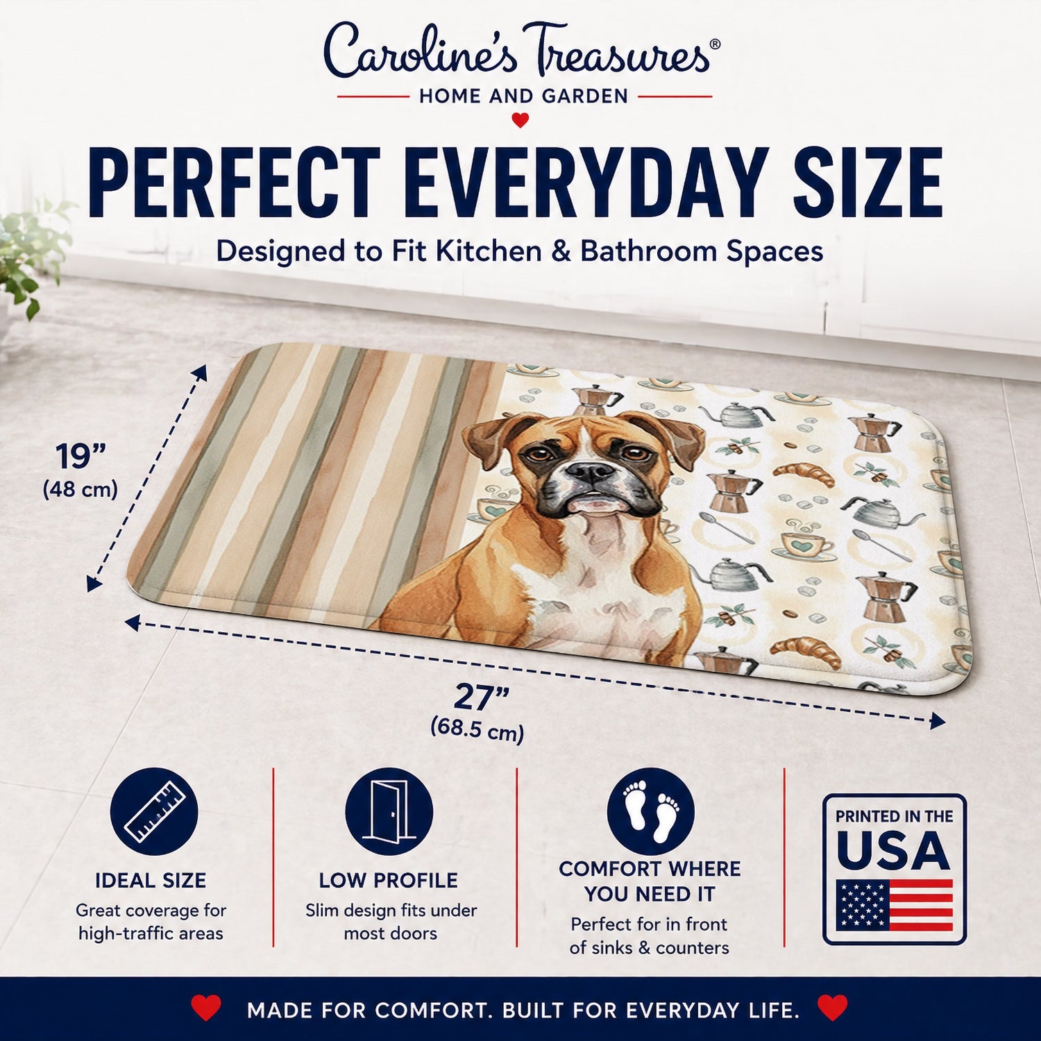 Boxer Coffee Bar Memory Foam Kitchen Mat Machine Washable Anti-Fatigue Cushion Comfort Bath or Kitchen Rug