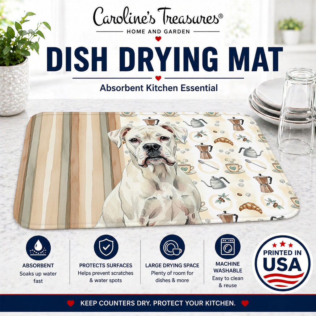 White Boxer Coffee Bar Dish Drying Mat Absorbent Dish Drying Mat Pad for Kitchen Counter Dish Drainer Mat for Countertop, 14 x 21", Multicolor