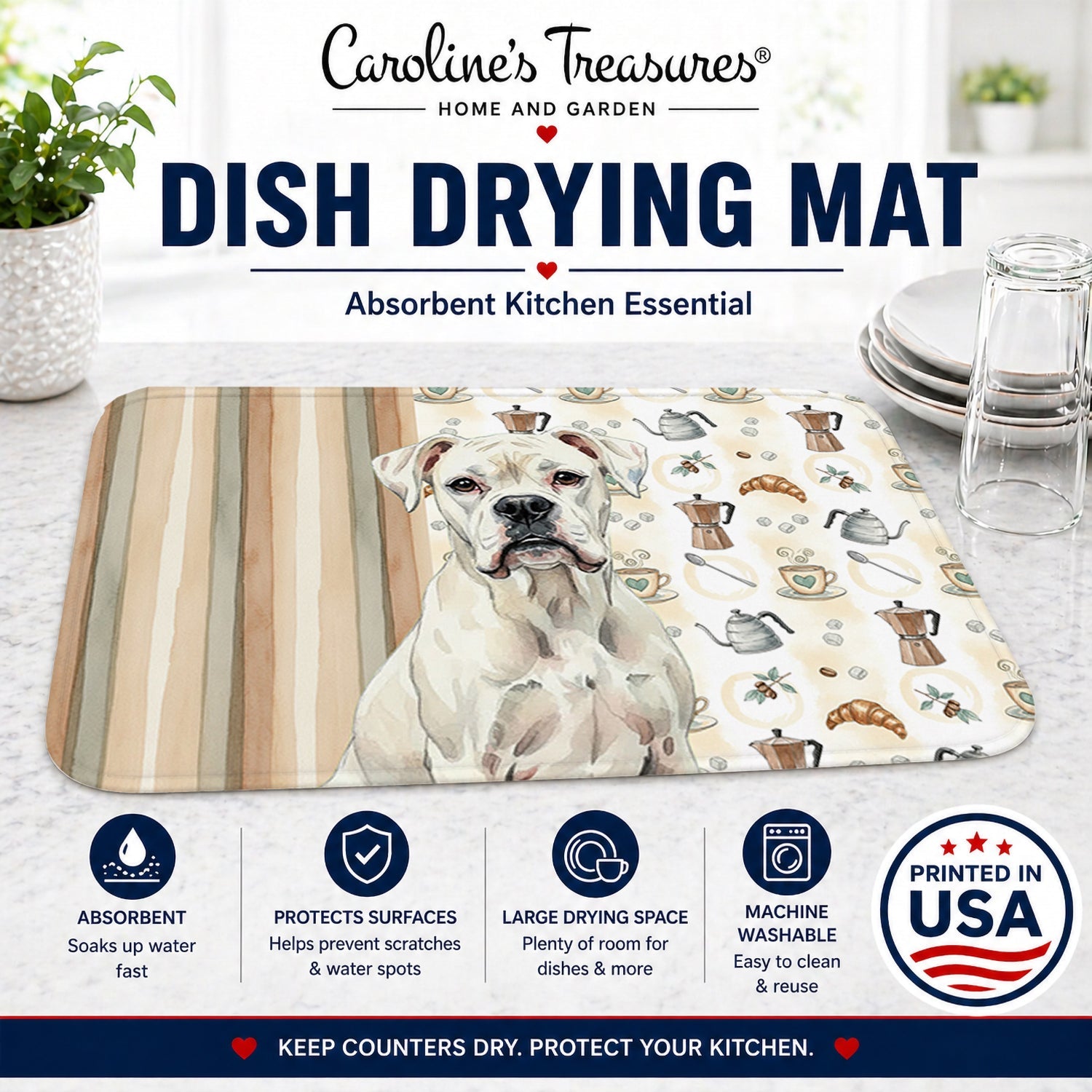 White Boxer Coffee Bar Dish Drying Mat Absorbent Dish Drying Mat Pad for Kitchen Counter Dish Drainer Mat for Countertop, 14 x 21", Multicolor