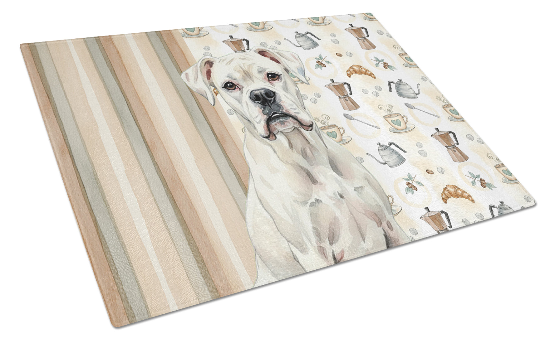 White Boxer Coffee Bar Cutting Board Tempered Glass Kitchen Cutting Surface, Heat Resistant Chopping, Non-Slip Feet, Food Prep & Serving