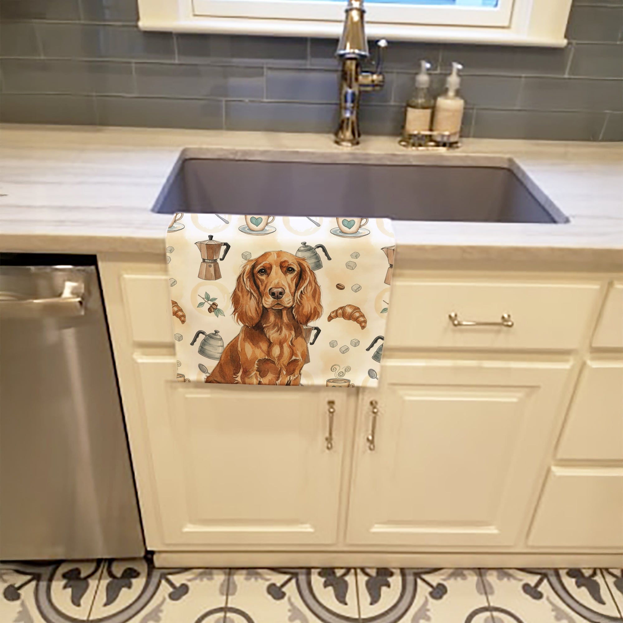 Boykin Spaniel Coffee Bar Kitchen Towel Velour Plush Front and Cotton Loop Back Machine Washable
