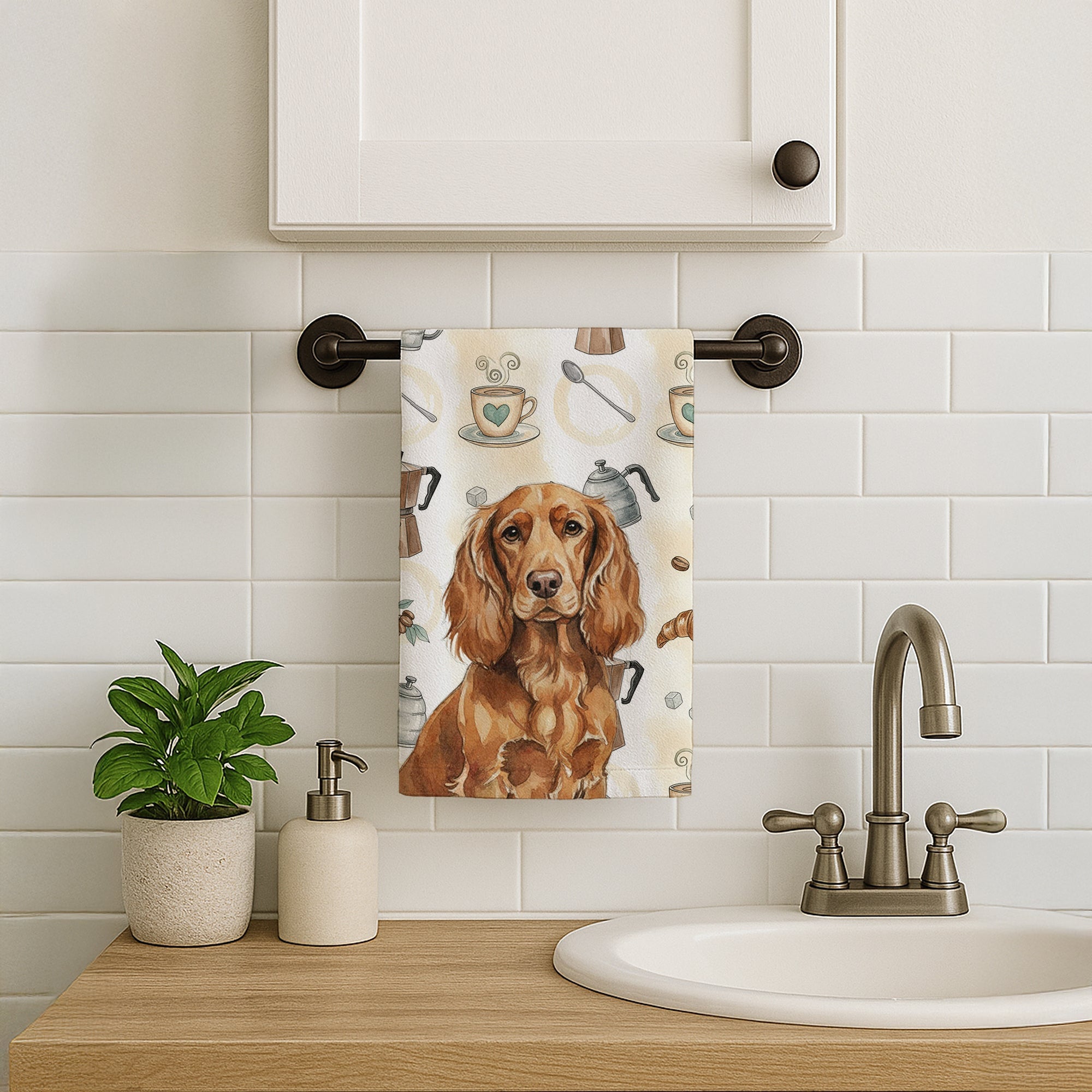 Boykin Spaniel Coffee Bar Kitchen Towel Velour Plush Front and Cotton Loop Back Machine Washable