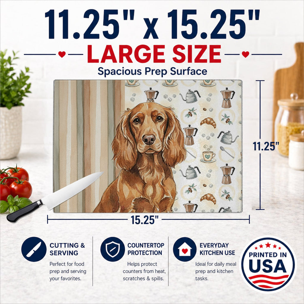 Boykin Spaniel Coffee Bar Cutting Board Tempered Glass Kitchen Cutting Surface, Heat Resistant Chopping, Non-Slip Feet, Food Prep & Serving