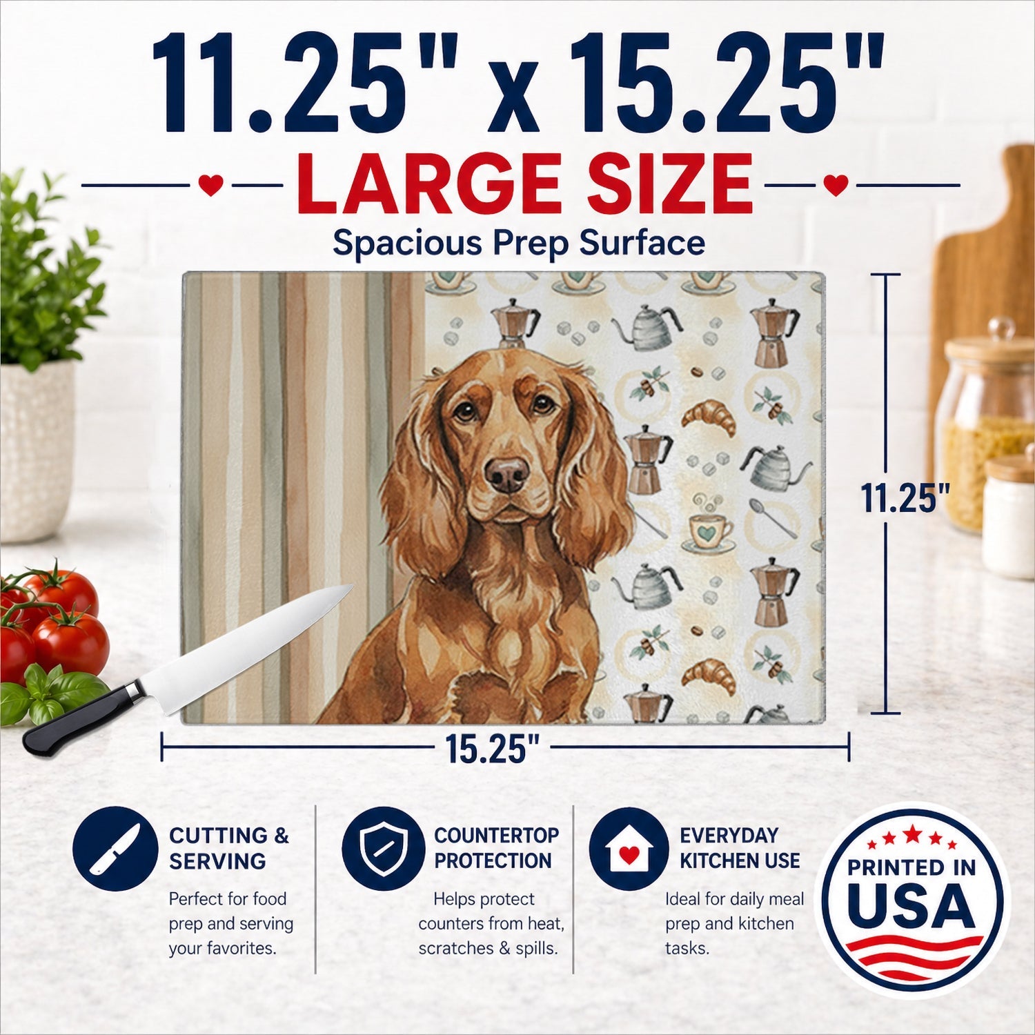 Boykin Spaniel Coffee Bar Cutting Board Tempered Glass Kitchen Cutting Surface, Heat Resistant Chopping, Non-Slip Feet, Food Prep & Serving