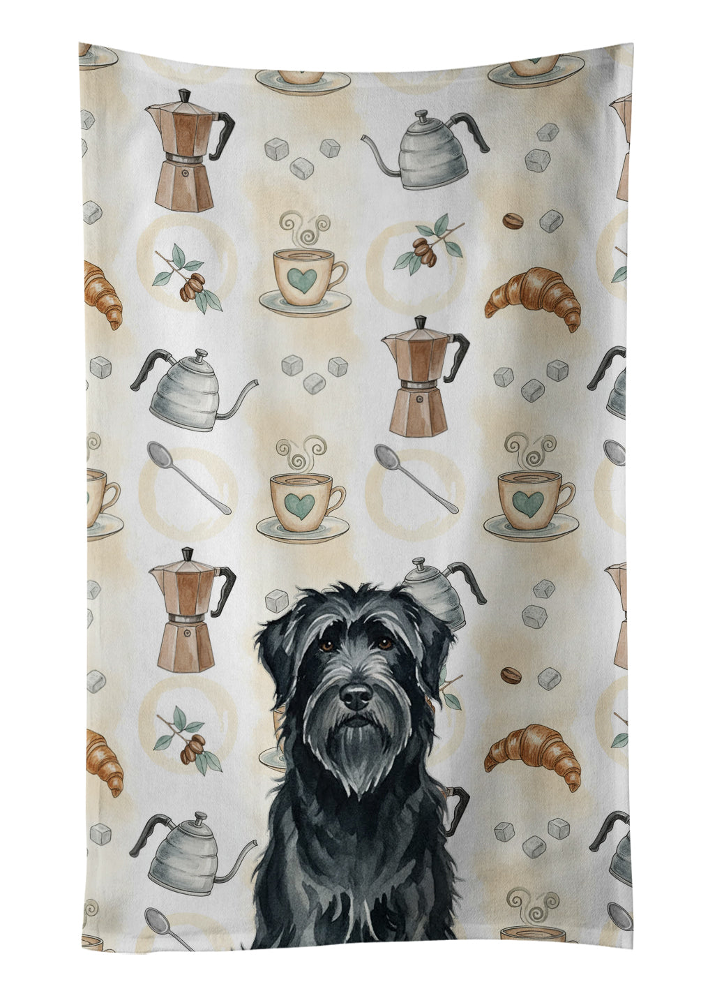 Black Briard Coffee Bar Kitchen Towel Velour Plush Front and Cotton Loop Back Machine Washable