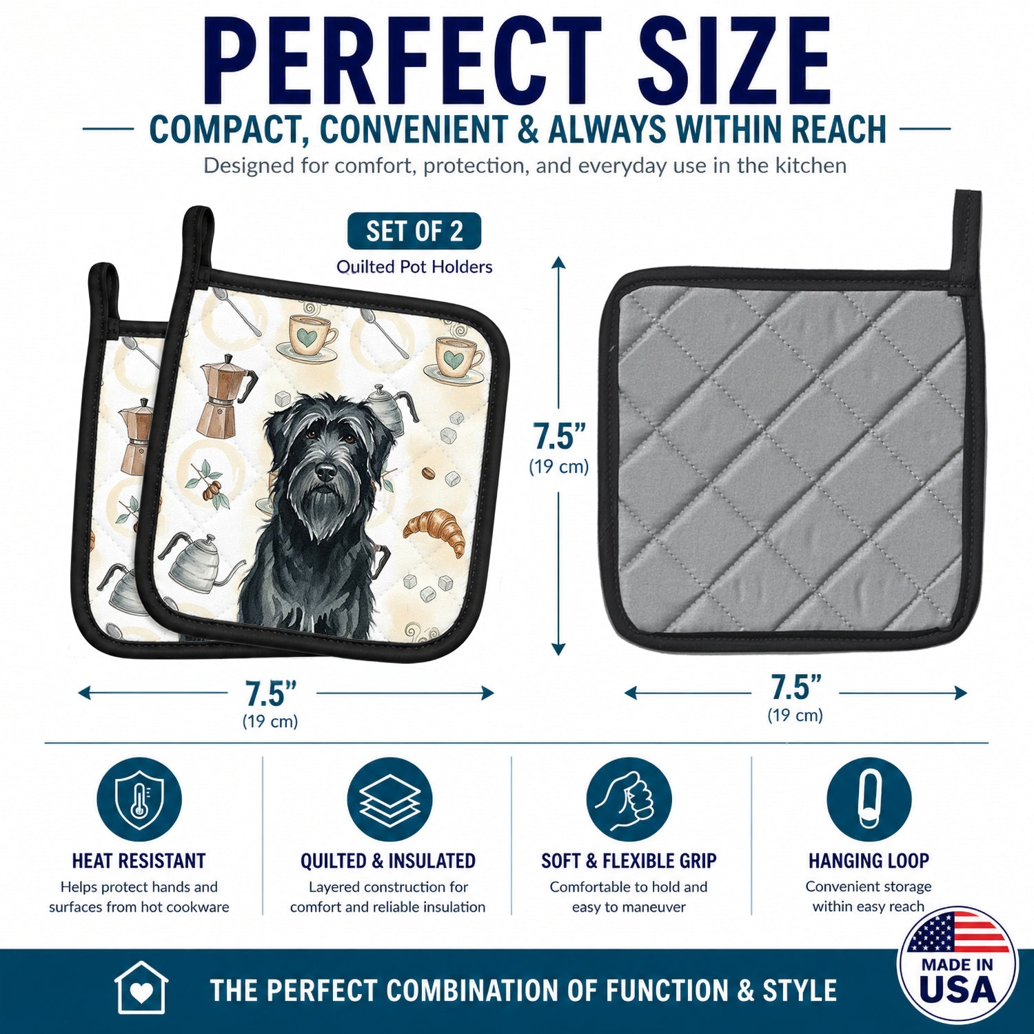 Black Briard Coffee Bar Pot Holder Set of 2 Heat Resistant Quilted Hot Pads 7.5 x 7.5 Inch, Insulated Kitchen Trivets for Cooking & Baking