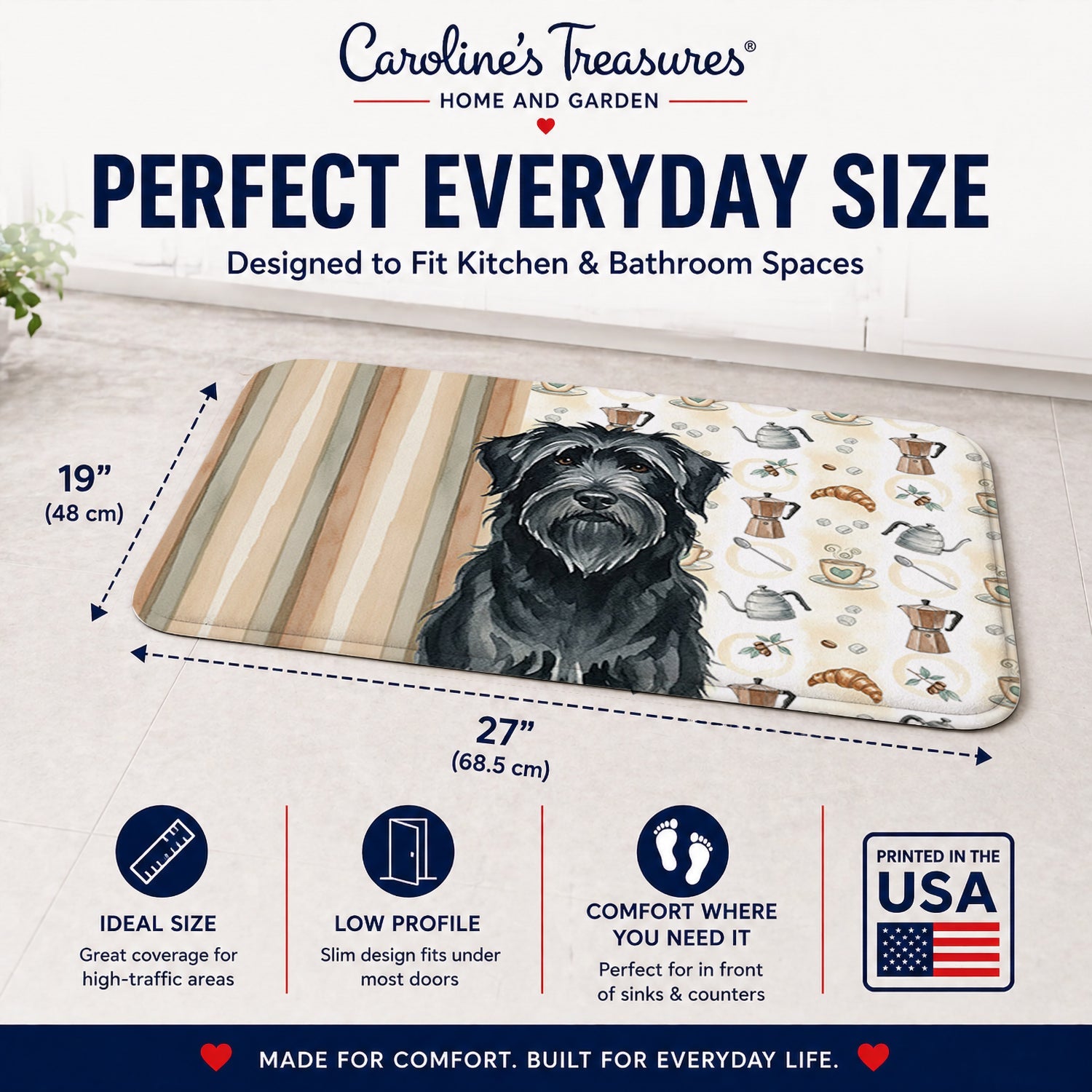 Black Briard Coffee Bar Memory Foam Kitchen Mat Machine Washable Anti-Fatigue Cushion Comfort Bath or Kitchen Rug