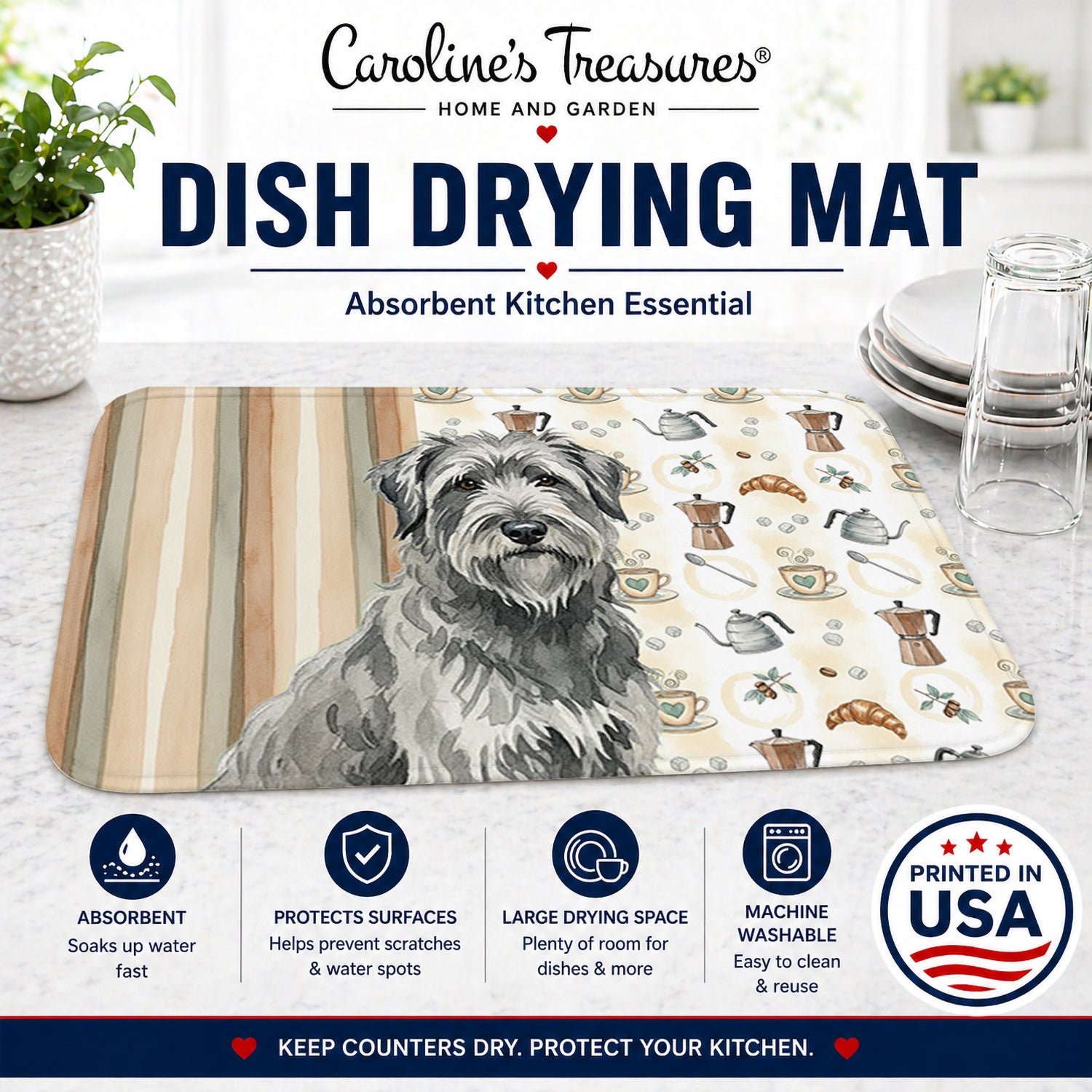 Gray Briard Coffee Bar Dish Drying Mat Absorbent Dish Drying Mat Pad for Kitchen Counter Dish Drainer Mat for Countertop, 14 x 21", Multicolor