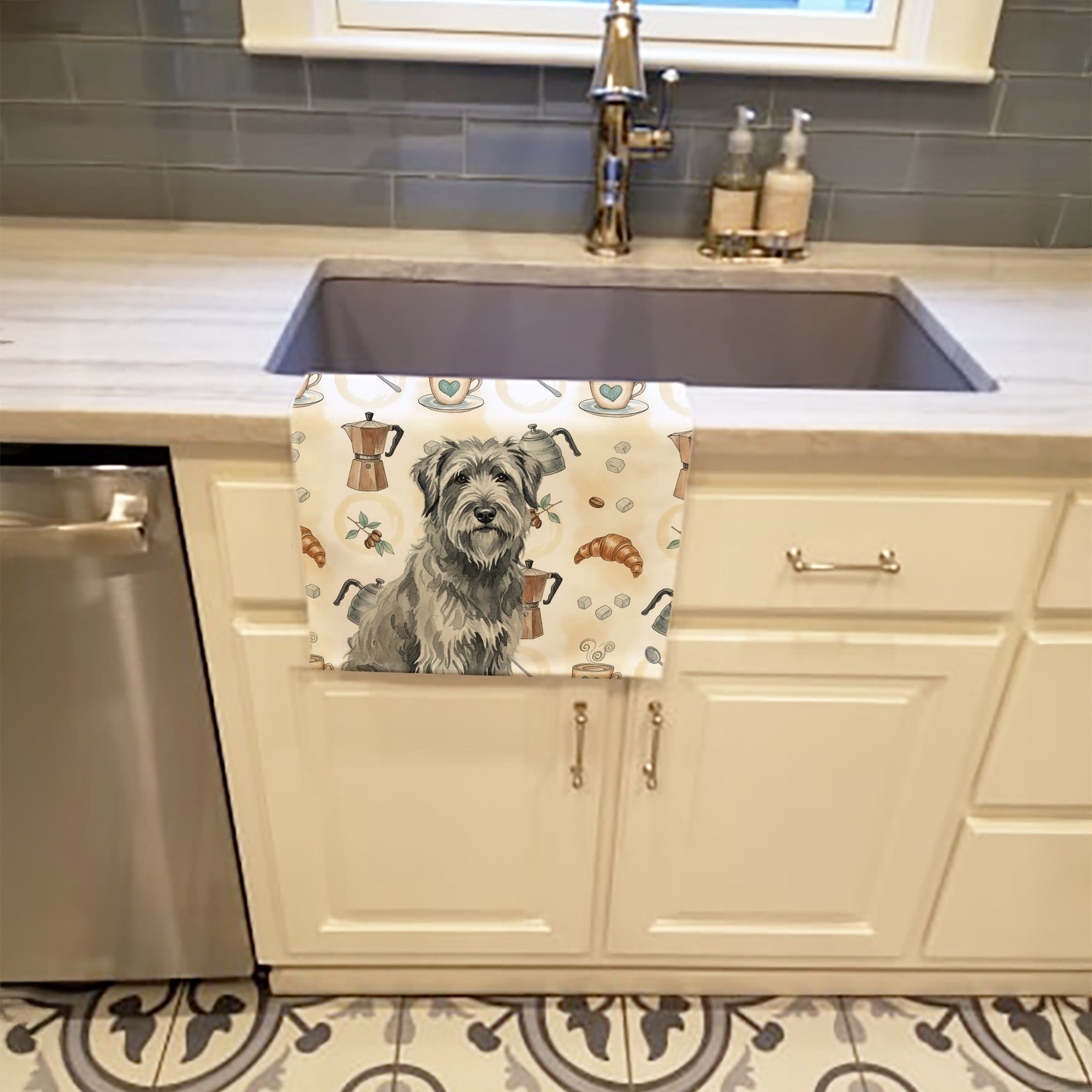 Gray Briard Coffee Bar Kitchen Towel Velour Plush Front and Cotton Loop Back Machine Washable