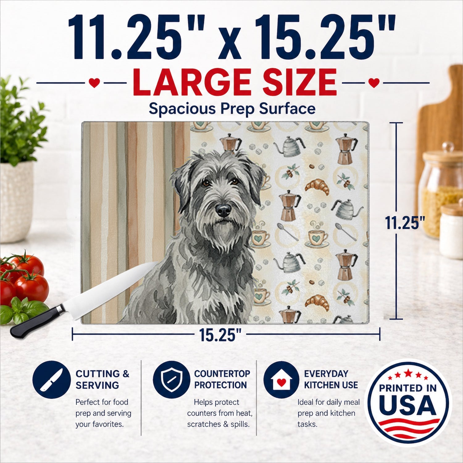 Gray Briard Coffee Bar Cutting Board Tempered Glass Kitchen Cutting Surface, Heat Resistant Chopping, Non-Slip Feet, Food Prep & Serving