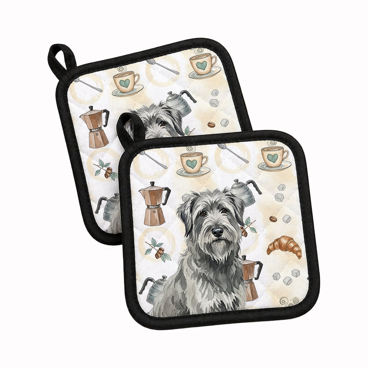 Gray Briard Coffee Bar Pot Holder Set of 2 Heat Resistant Quilted Hot Pads 7.5 x 7.5 Inch, Insulated Kitchen Trivets for Cooking & Baking