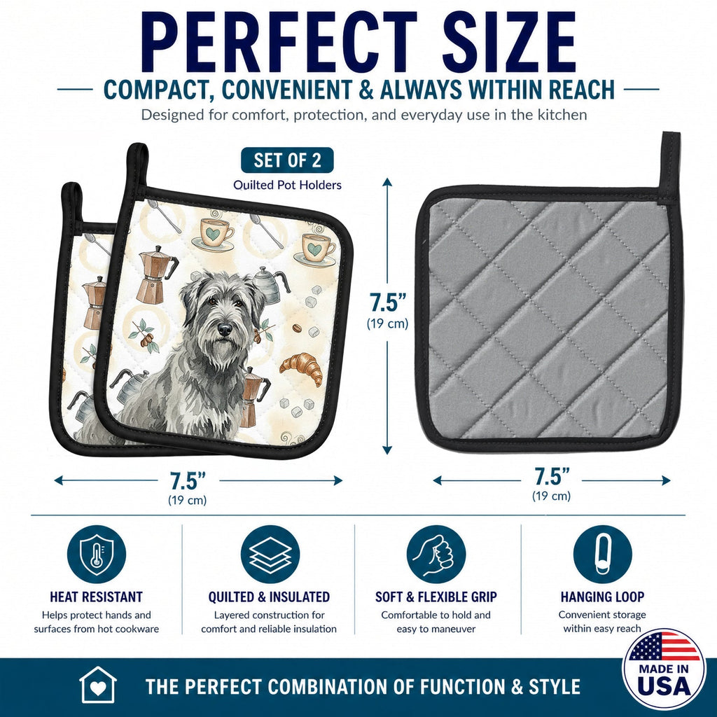 Gray Briard Coffee Bar Pot Holder Set of 2 Heat Resistant Quilted Hot Pads 7.5 x 7.5 Inch, Insulated Kitchen Trivets for Cooking & Baking