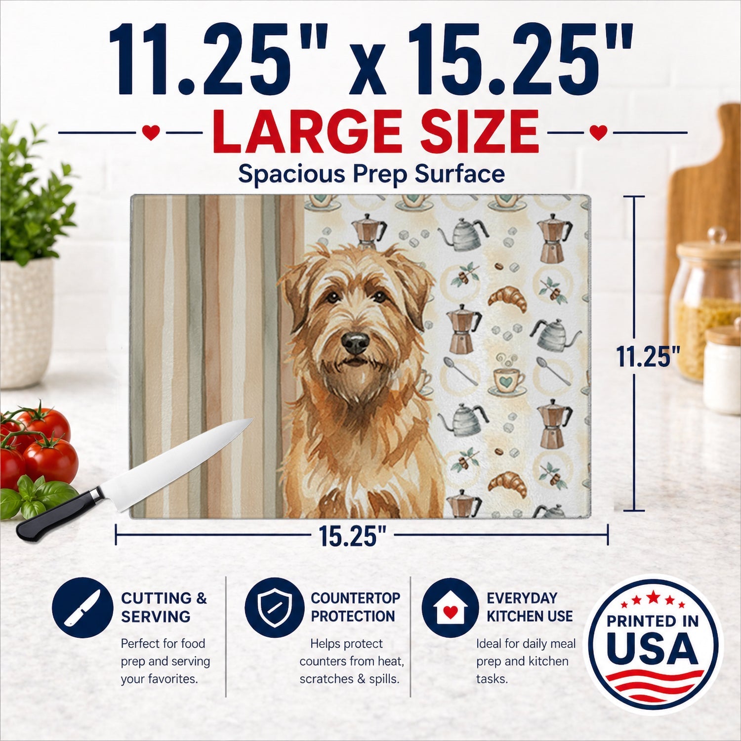 Tawny Briard Coffee Bar Cutting Board Tempered Glass Kitchen Cutting Surface, Heat Resistant Chopping, Non-Slip Feet, Food Prep & Serving