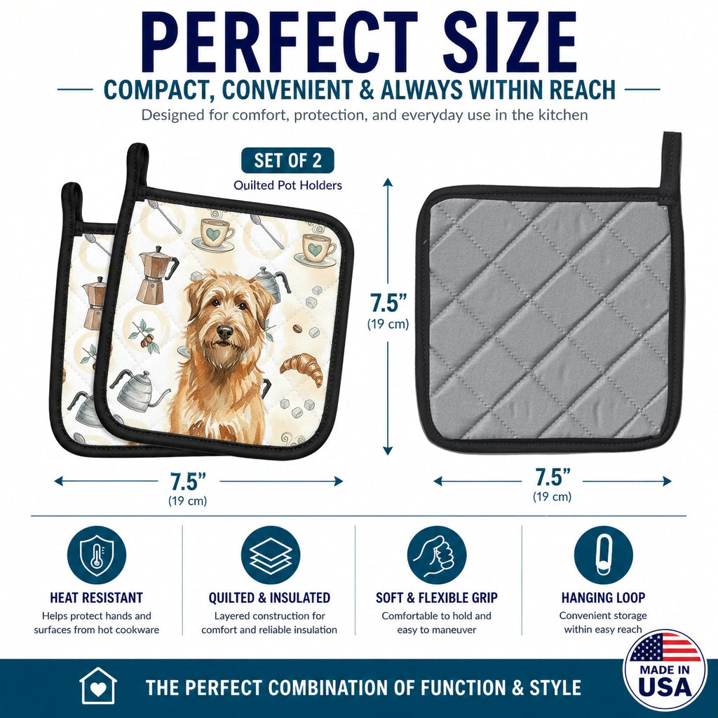 Tawny Briard Coffee Bar Pot Holder Set of 2 Heat Resistant Quilted Hot Pads 7.5 x 7.5 Inch, Insulated Kitchen Trivets for Cooking & Baking