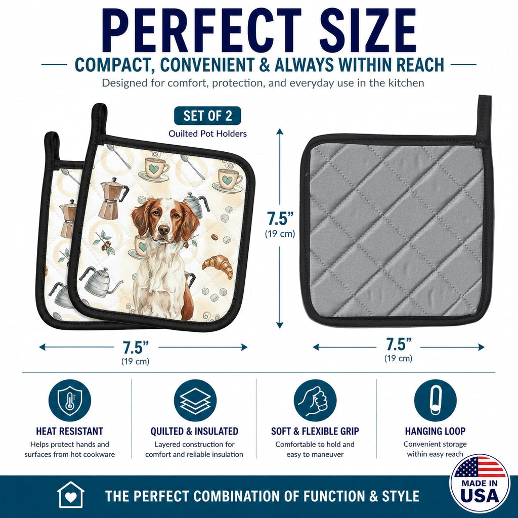 Liver and White Brittany Coffee Bar Pot Holder Set of 2 Heat Resistant Quilted Hot Pads 7.5 x 7.5 Inch, Insulated Kitchen Trivets for Cooking & Baking