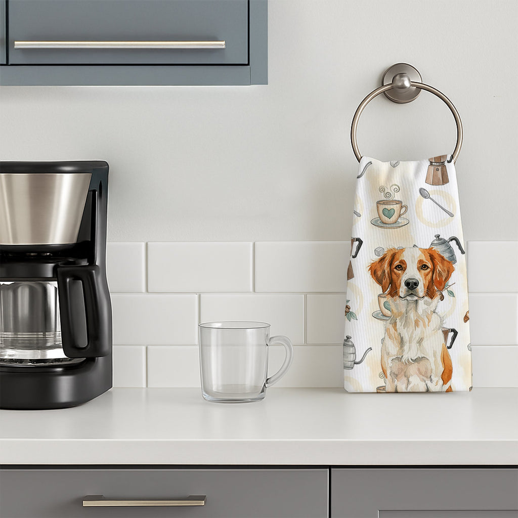 Orange and White Brittany Coffee Bar Kitchen Towel Velour Plush Front and Cotton Loop Back Machine Washable