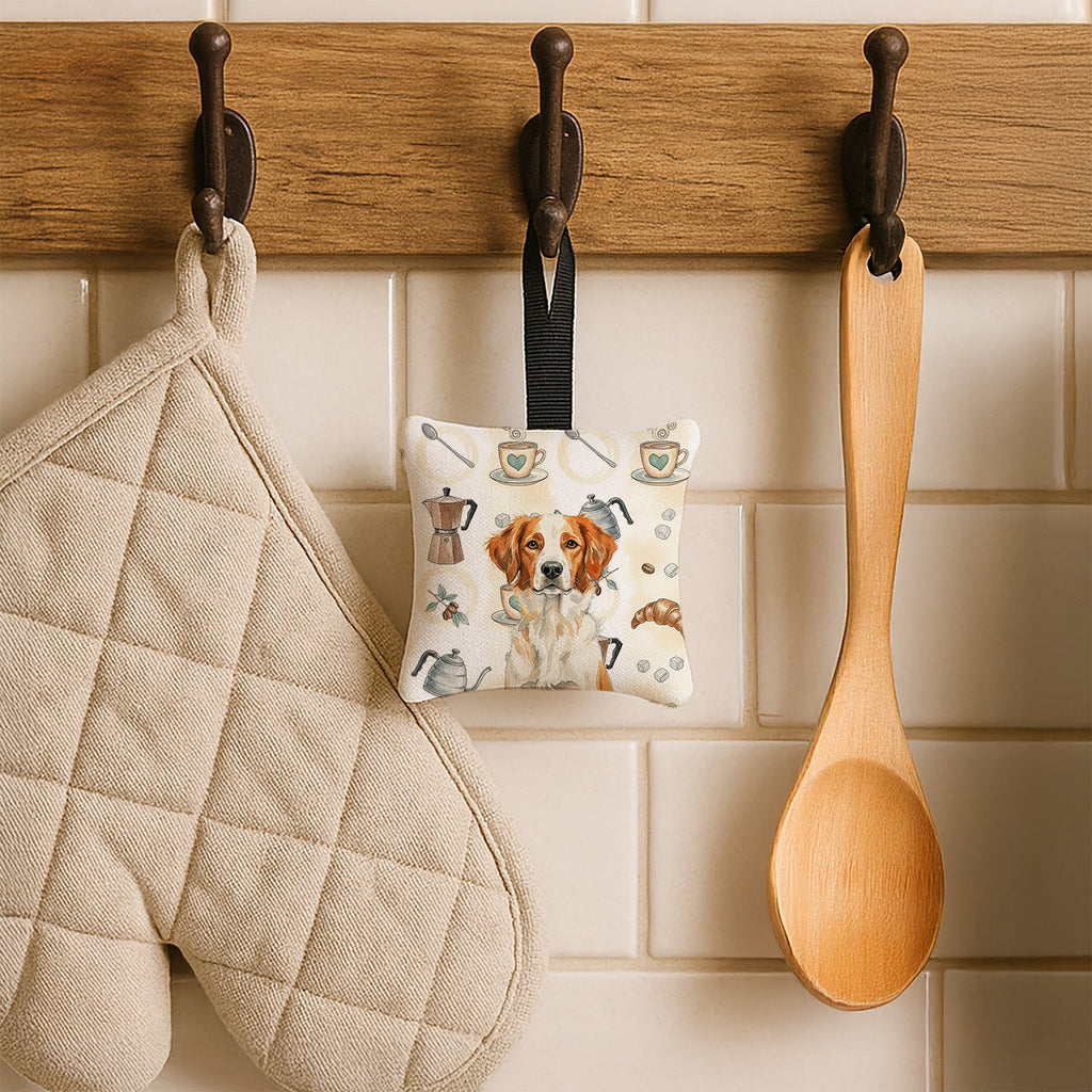 Orange and White Brittany Coffee Bar Hanging Square Fabric Ornament 3.5 � 3.5 Decorative Door-Knob & Tree Hanger, Soft Fabric