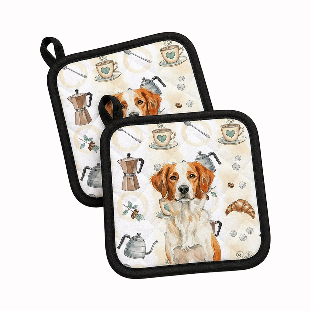 Orange and White Brittany Coffee Bar Pot Holder Set of 2 Heat Resistant Quilted Hot Pads 7.5 x 7.5 Inch, Insulated Kitchen Trivets for Cooking & Baking