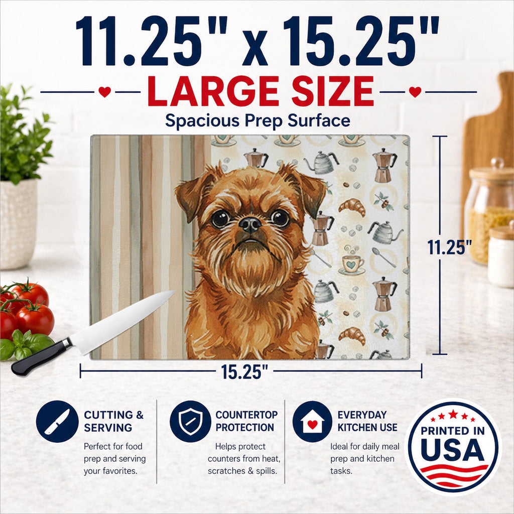 Belge Brussels Griffon Coffee Bar Cutting Board Tempered Glass Kitchen Cutting Surface, Heat Resistant Chopping, Non-Slip Feet, Food Prep & Serving