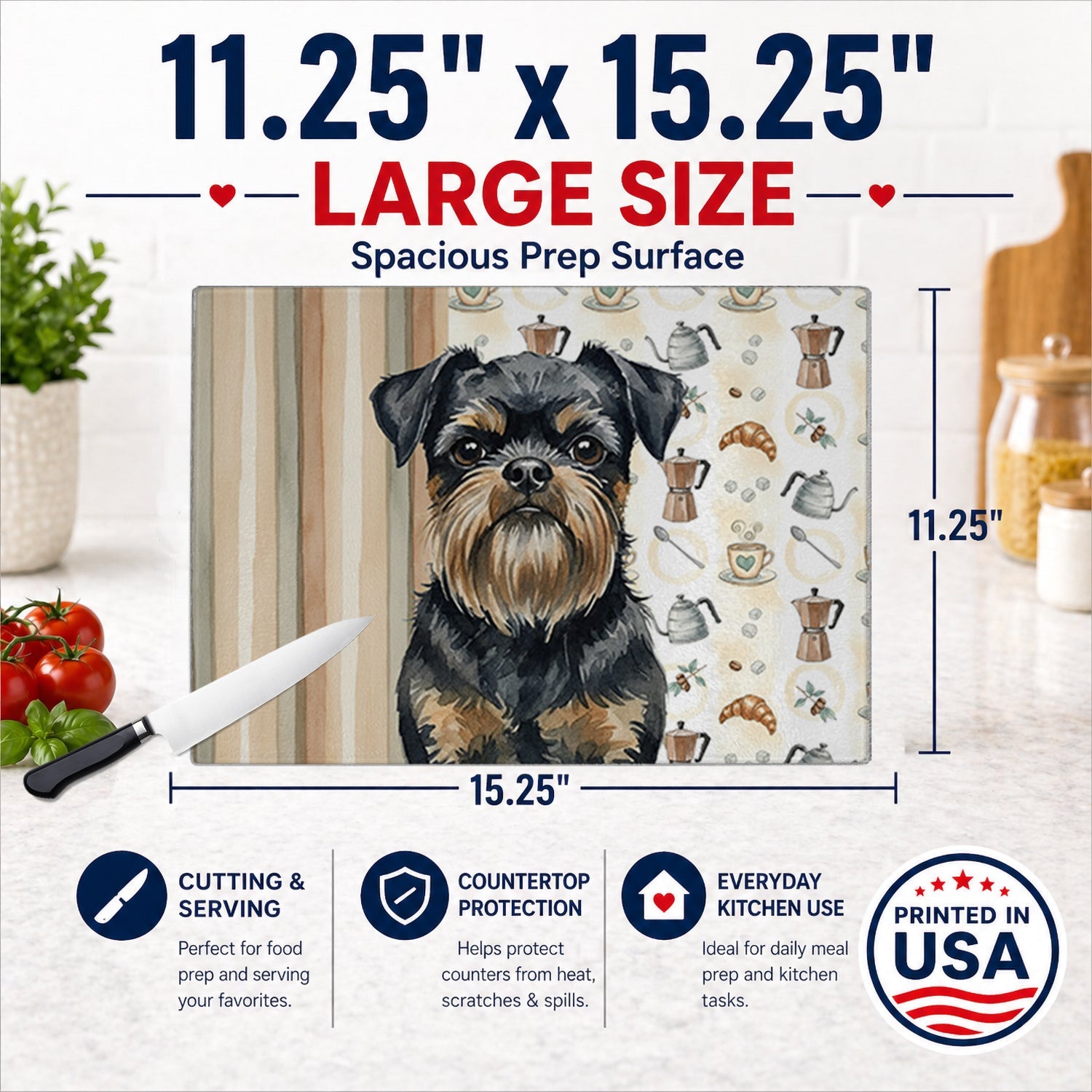 Black and Tan Brussels Griffon Coffee Bar Cutting Board Tempered Glass Kitchen Cutting Surface, Heat Resistant Chopping, Non-Slip Feet, Food Prep & Serving