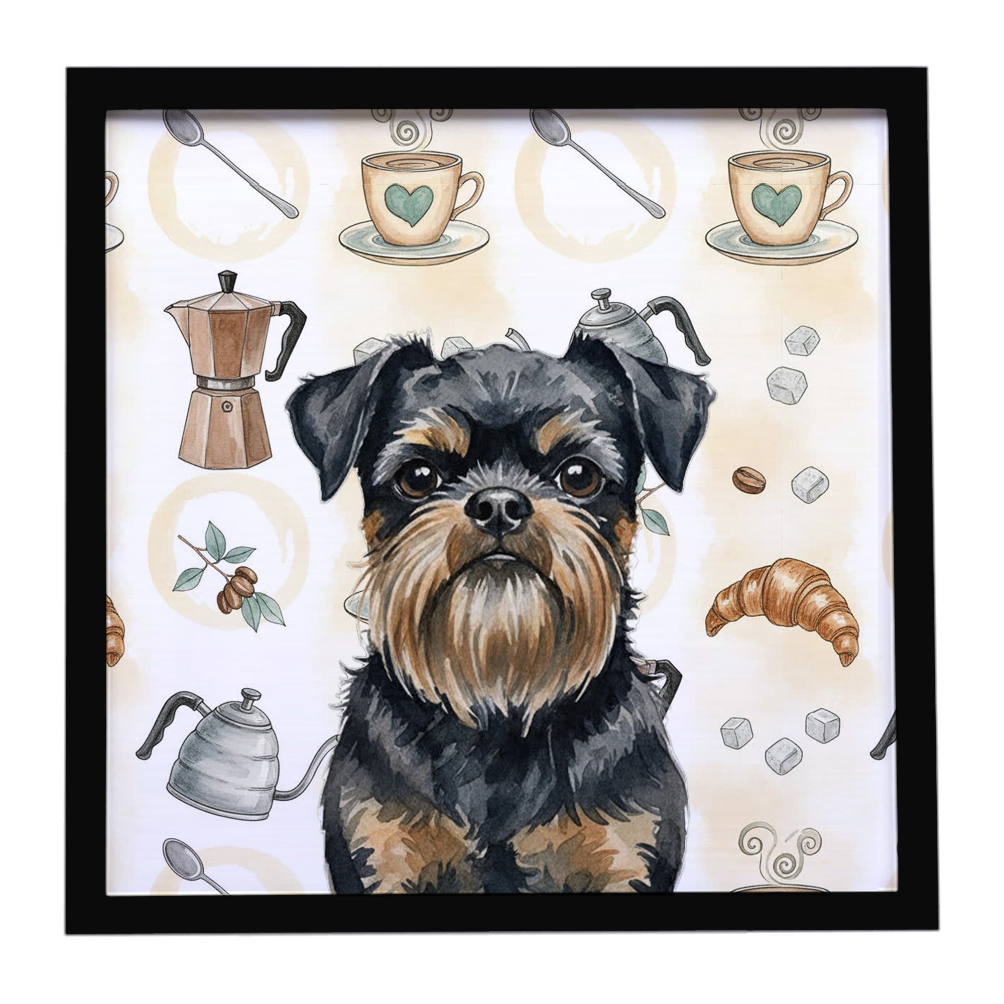 Black and Tan Brussels Griffon Coffee Bar Framed Metal Print Bathroom, Kitchen, Office, Home Decor Wall Art Ready to Hang, Square, 8X8