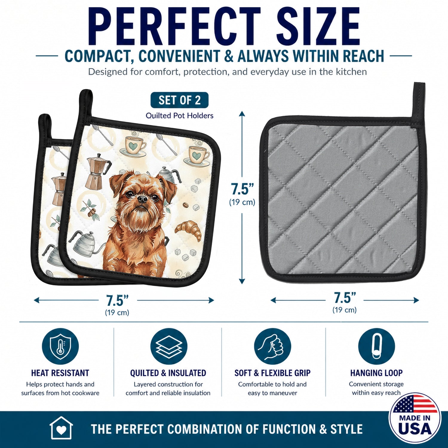 Red Brussels Griffon Coffee Bar Pot Holder Set of 2 Heat Resistant Quilted Hot Pads 7.5 x 7.5 Inch, Insulated Kitchen Trivets for Cooking & Baking
