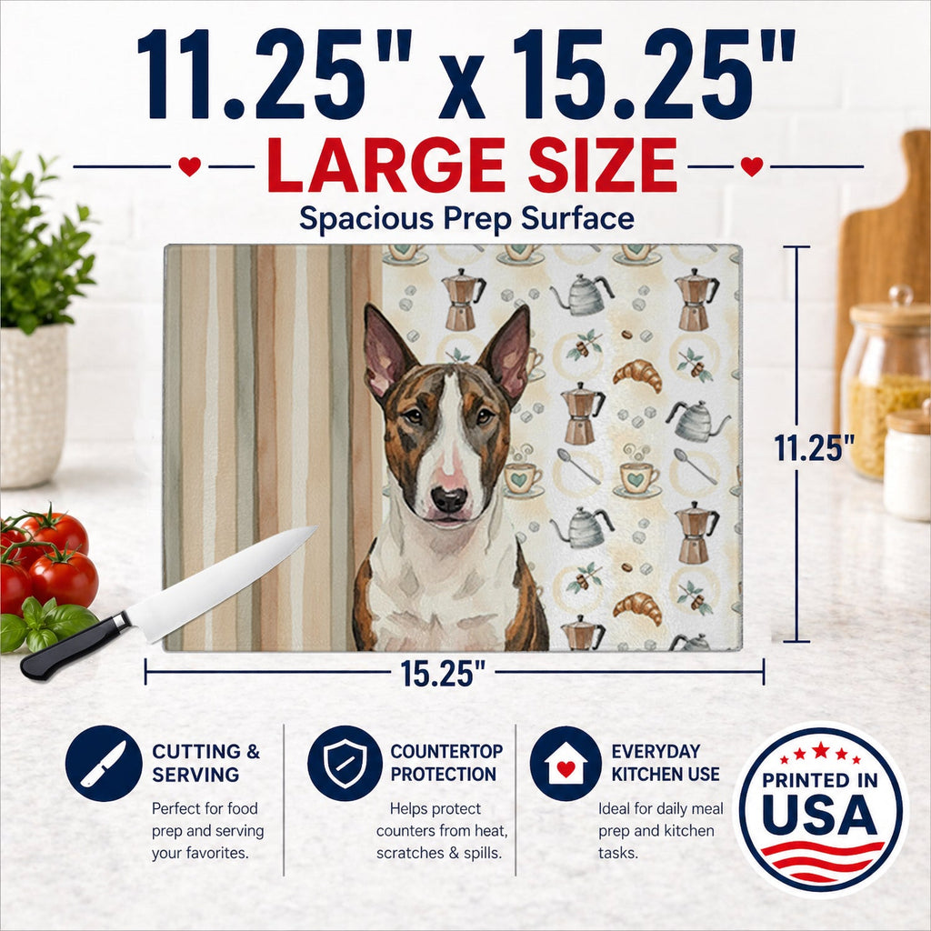 Brindle and White Bull Terrier Coffee Bar Cutting Board Tempered Glass Kitchen Cutting Surface, Heat Resistant Chopping, Non-Slip Feet, Food Prep & Serving