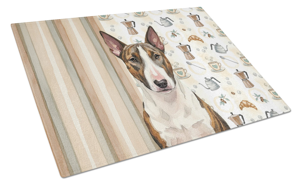 Brindle and White Bull Terrier Coffee Bar Cutting Board Tempered Glass Kitchen Cutting Surface, Heat Resistant Chopping, Non-Slip Feet, Food Prep & Serving