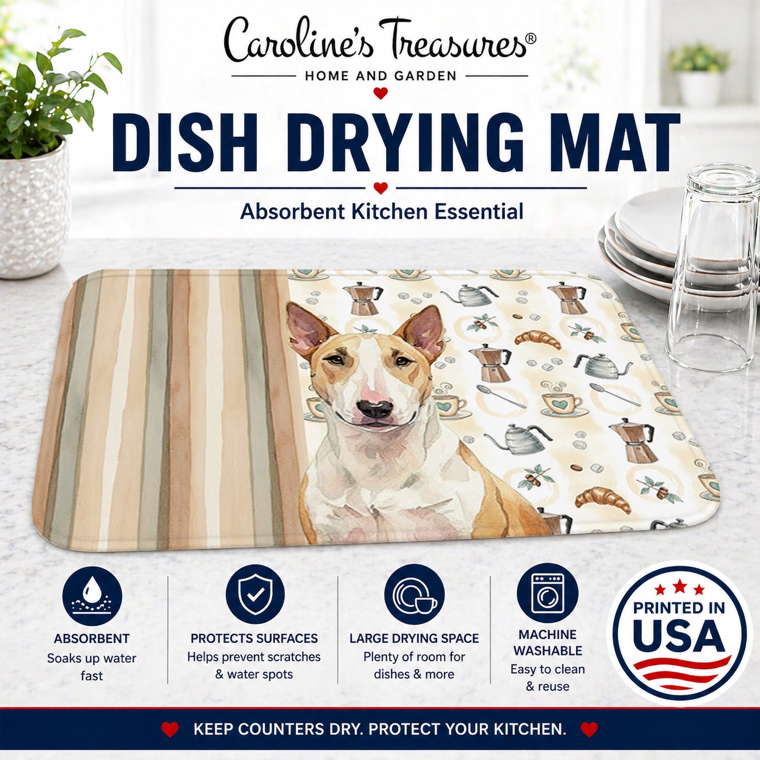 Fawn and White Bull Terrier Coffee Bar Dish Drying Mat Absorbent Dish Drying Mat Pad for Kitchen Counter Dish Drainer Mat for Countertop, 14 x 21", Multicolor