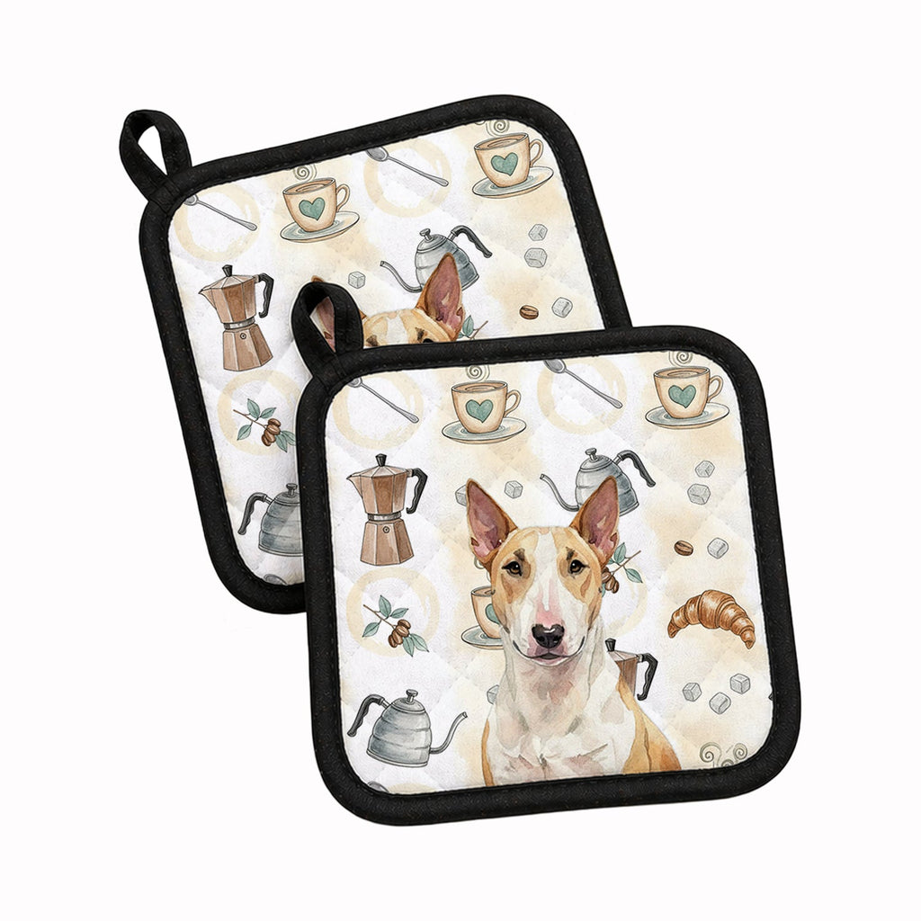 Fawn and White Bull Terrier Coffee Bar Pot Holder Set of 2 Heat Resistant Quilted Hot Pads 7.5 x 7.5 Inch, Insulated Kitchen Trivets for Cooking & Baking