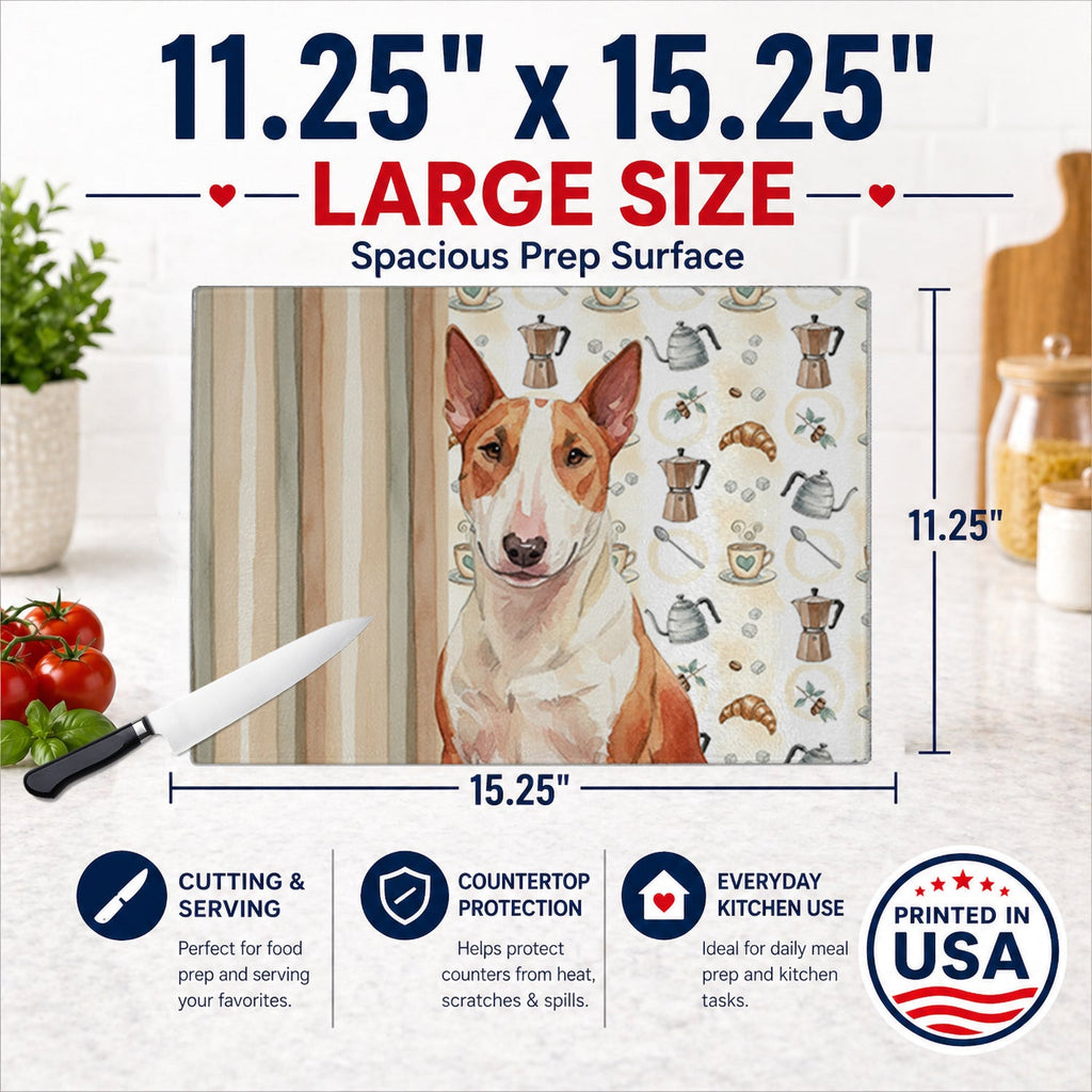 Red and White Bull Terrier Coffee Bar Cutting Board Tempered Glass Kitchen Cutting Surface, Heat Resistant Chopping, Non-Slip Feet, Food Prep & Serving