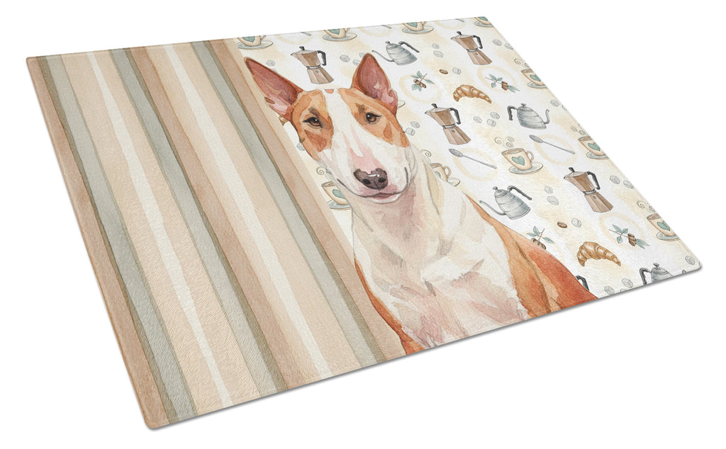 Red and White Bull Terrier Coffee Bar Cutting Board Tempered Glass Kitchen Cutting Surface, Heat Resistant Chopping, Non-Slip Feet, Food Prep & Serving