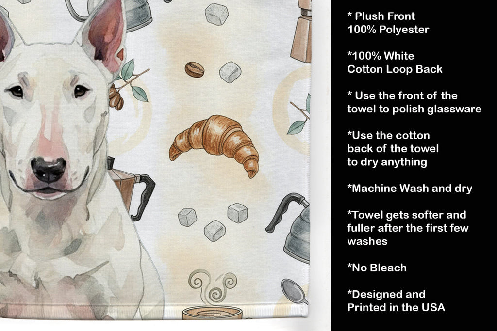 White Bull Terrier Coffee Bar Kitchen Towel Velour Plush Front and Cotton Loop Back Machine Washable