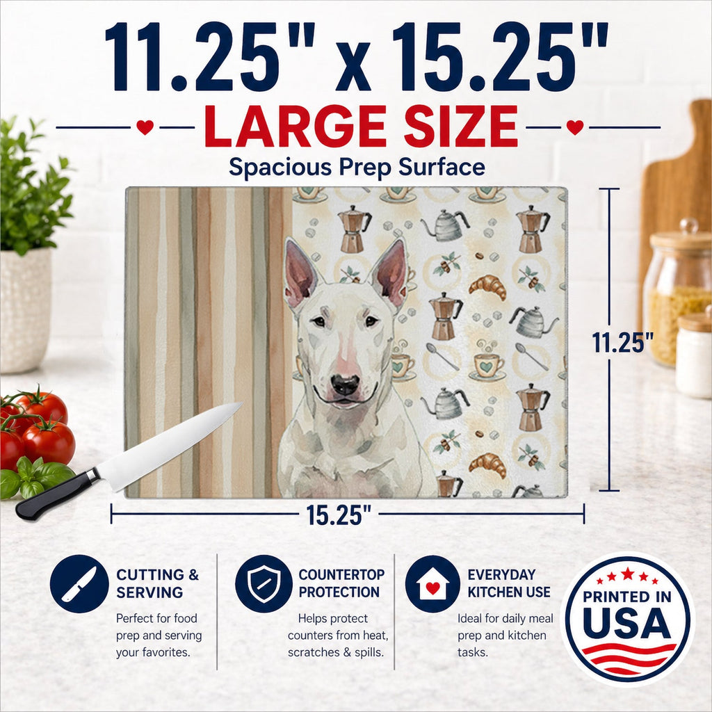 White Bull Terrier Coffee Bar Cutting Board Tempered Glass Kitchen Cutting Surface, Heat Resistant Chopping, Non-Slip Feet, Food Prep & Serving
