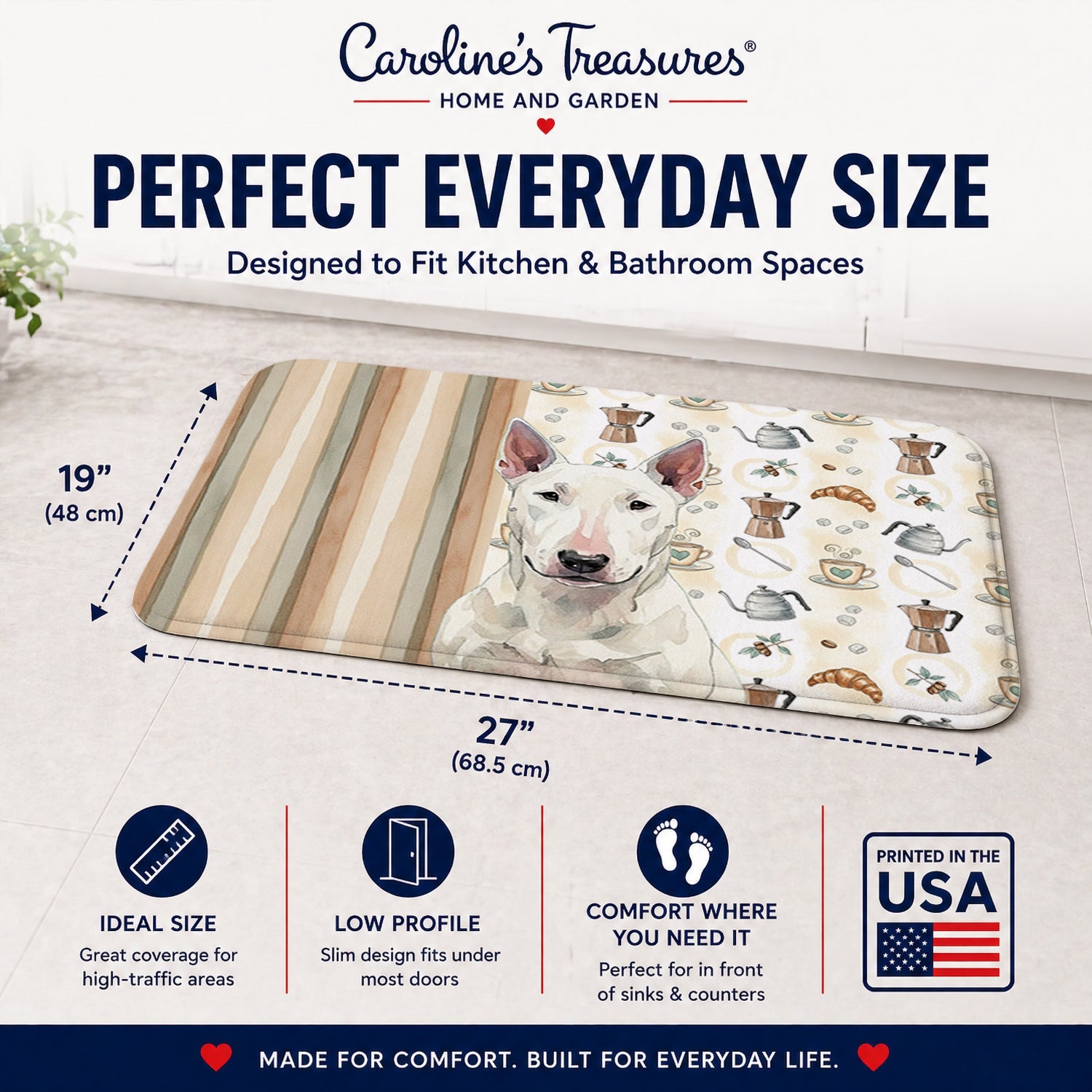 White Bull Terrier Coffee Bar Memory Foam Kitchen Mat Machine Washable Anti-Fatigue Cushion Comfort Bath or Kitchen Rug