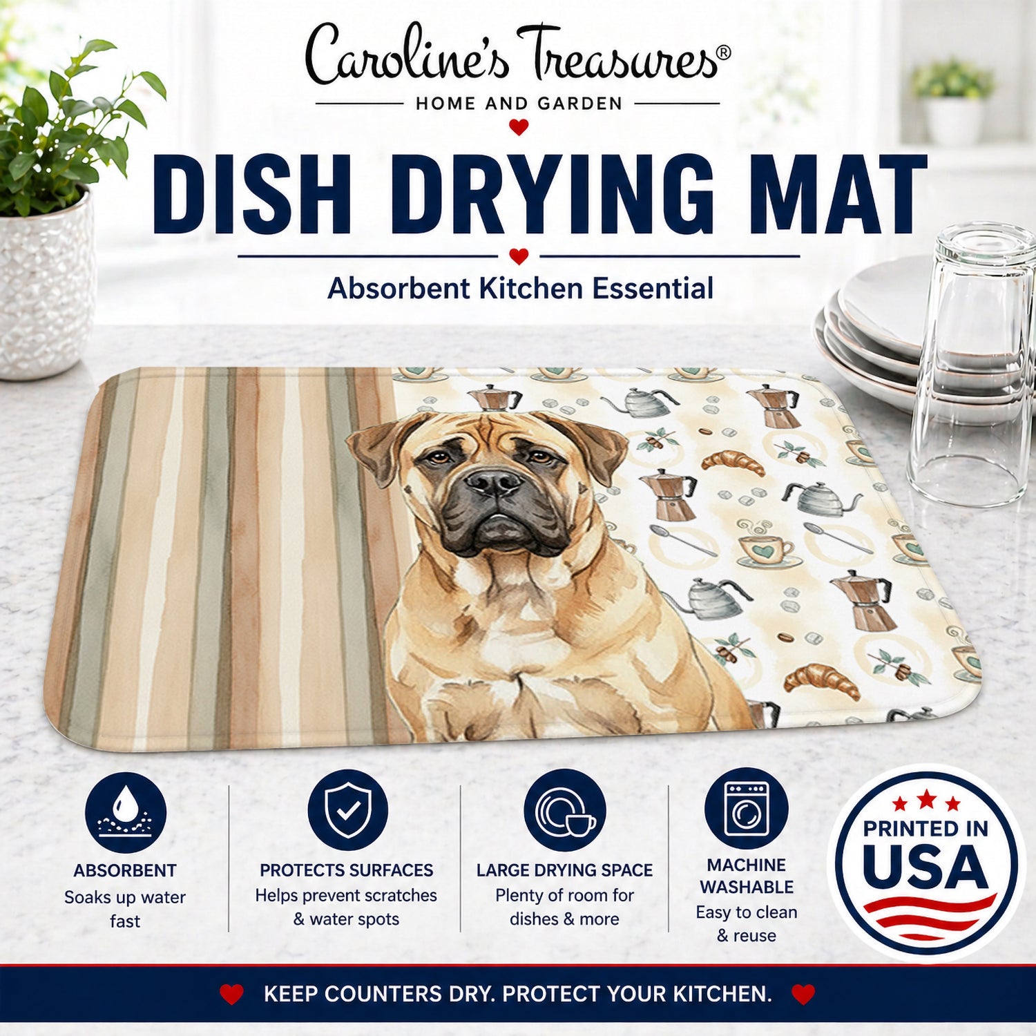Bullmastiff Coffee Bar Dish Drying Mat Absorbent Dish Drying Mat Pad for Kitchen Counter Dish Drainer Mat for Countertop, 14 x 21", Multicolor