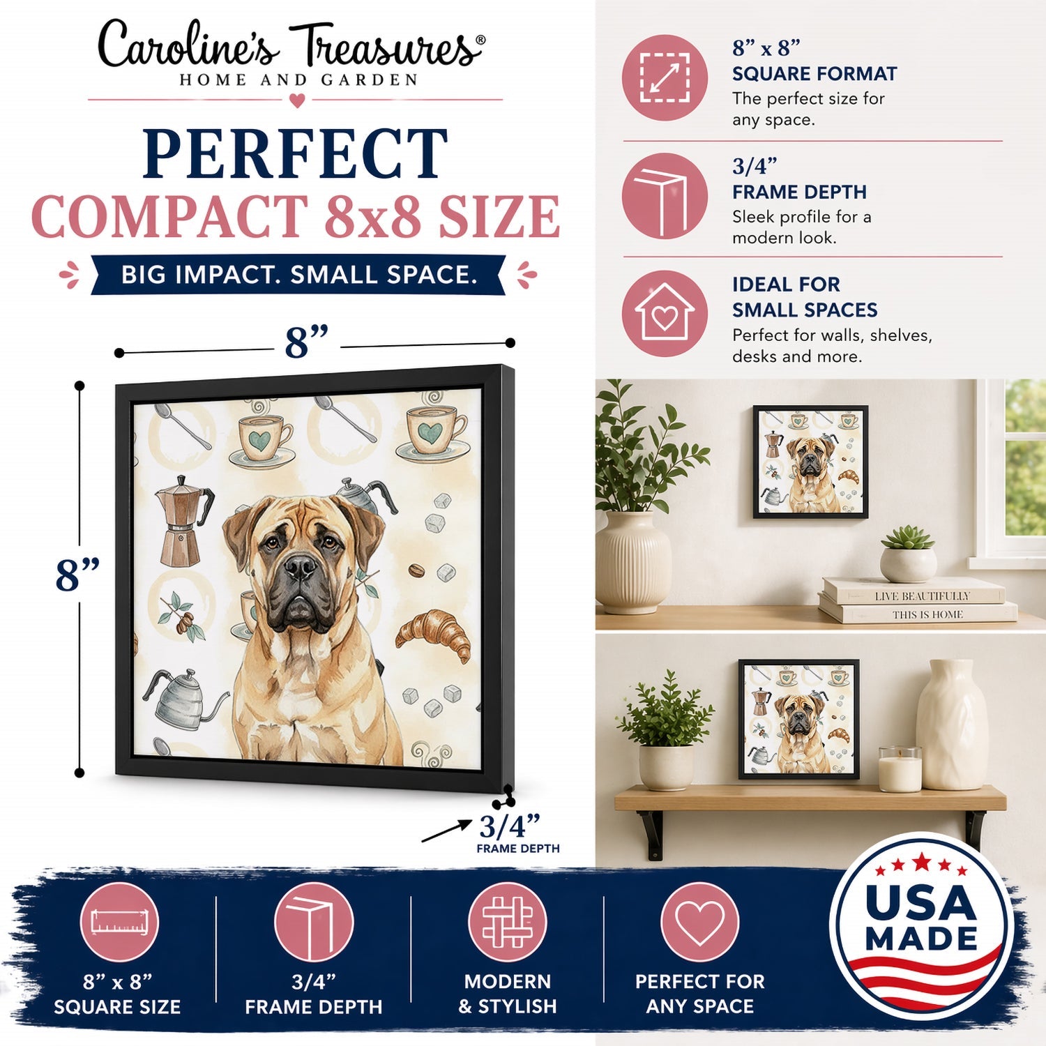Bullmastiff Coffee Bar Framed Metal Print Bathroom, Kitchen, Office, Home Decor Wall Art Ready to Hang, Square, 8X8