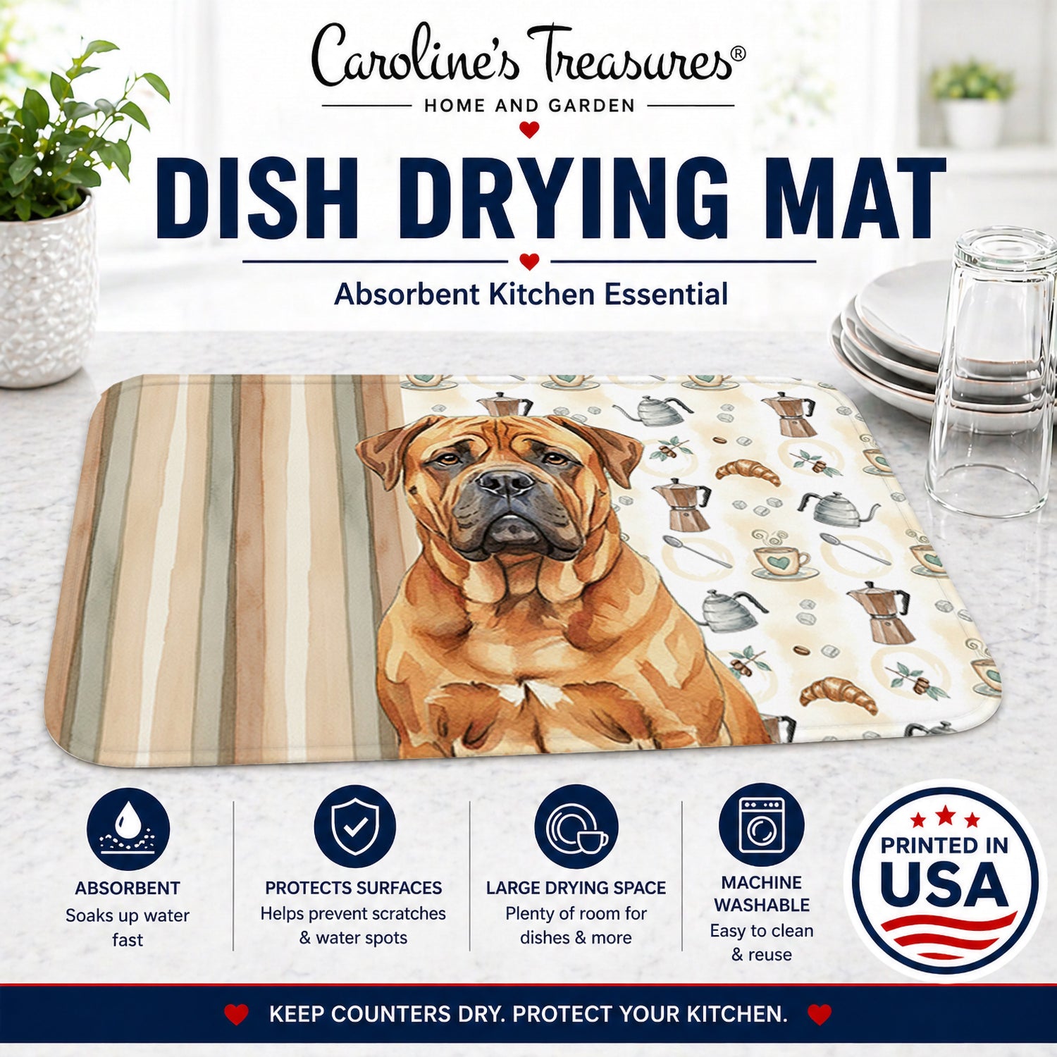 Red Bullmastiff Coffee Bar Dish Drying Mat Absorbent Dish Drying Mat Pad for Kitchen Counter Dish Drainer Mat for Countertop, 14 x 21", Multicolor