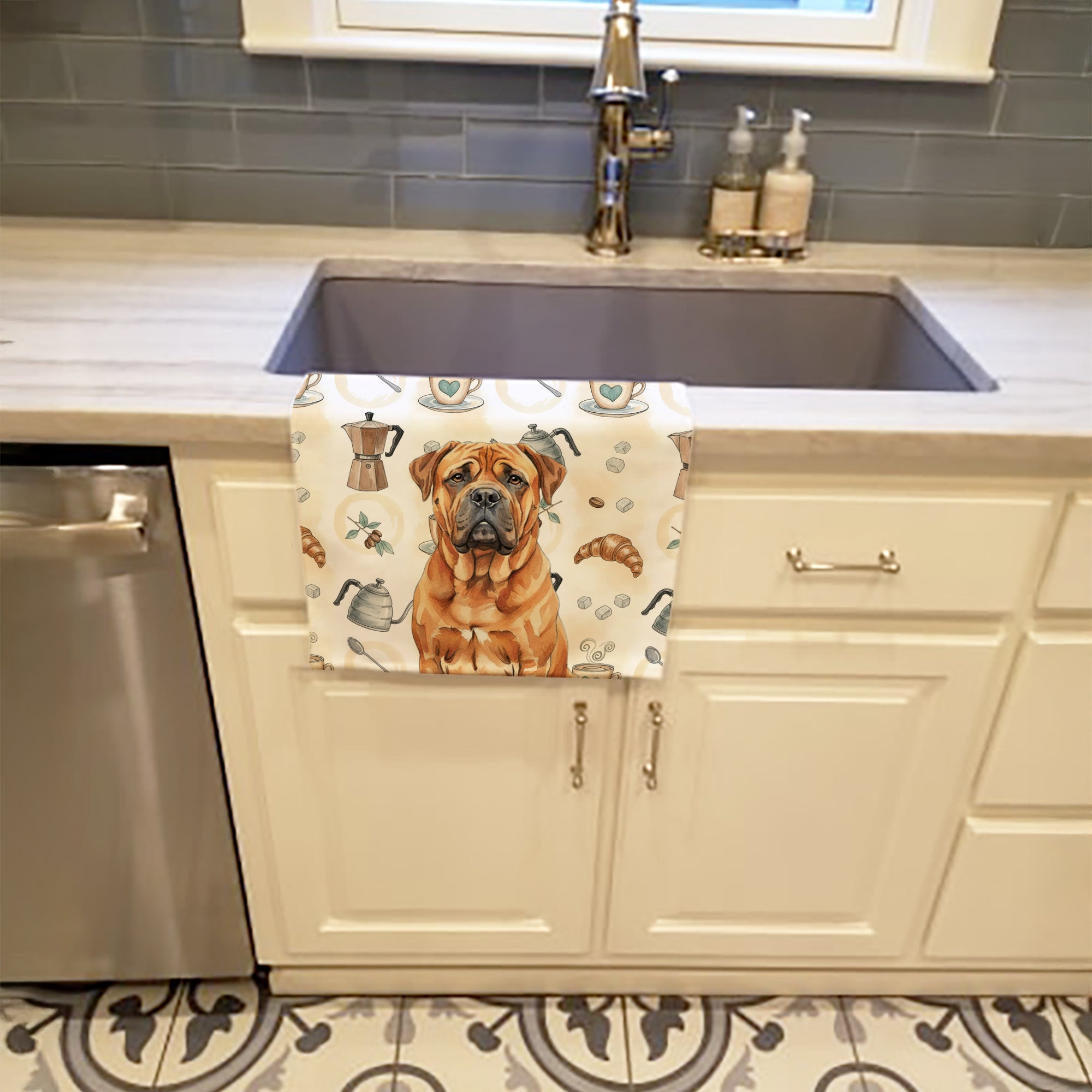 Red Bullmastiff Coffee Bar Kitchen Towel Velour Plush Front and Cotton Loop Back Machine Washable