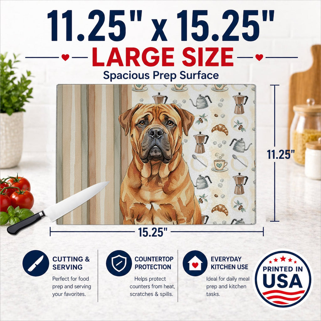 Red Bullmastiff Coffee Bar Cutting Board Tempered Glass Kitchen Cutting Surface, Heat Resistant Chopping, Non-Slip Feet, Food Prep & Serving
