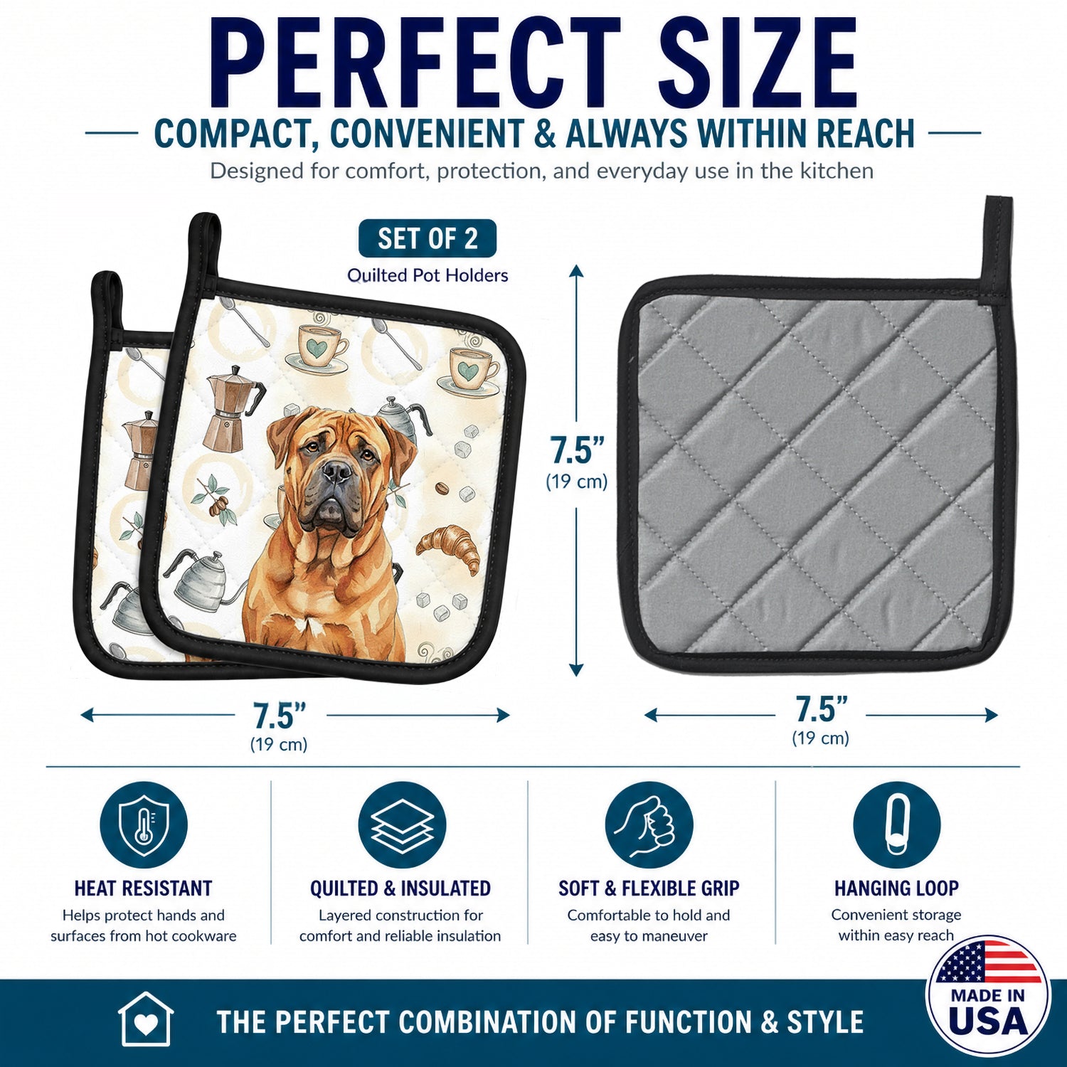 Red Bullmastiff Coffee Bar Pot Holder Set of 2 Heat Resistant Quilted Hot Pads 7.5 x 7.5 Inch, Insulated Kitchen Trivets for Cooking & Baking
